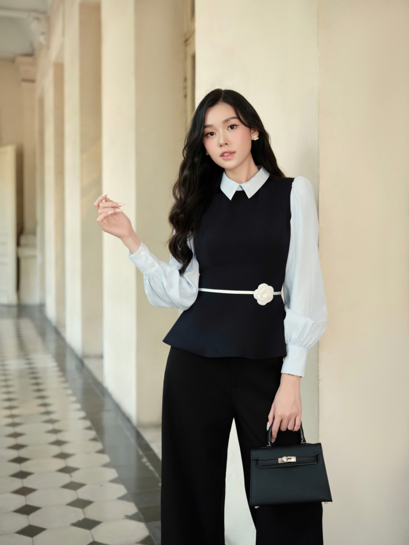 Áo peplum cổ phối đai eo hoa trà