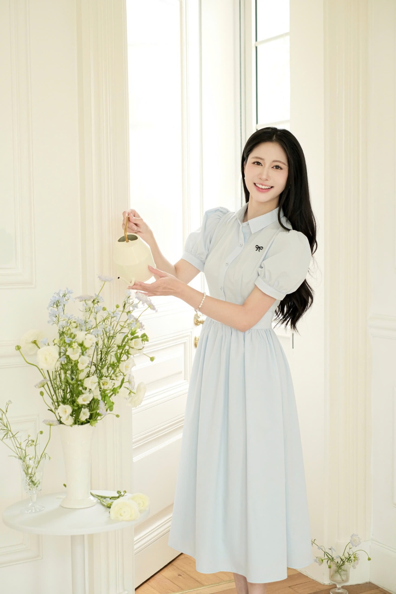 Váy dáng xòe cổ đức can eo nơ ngực