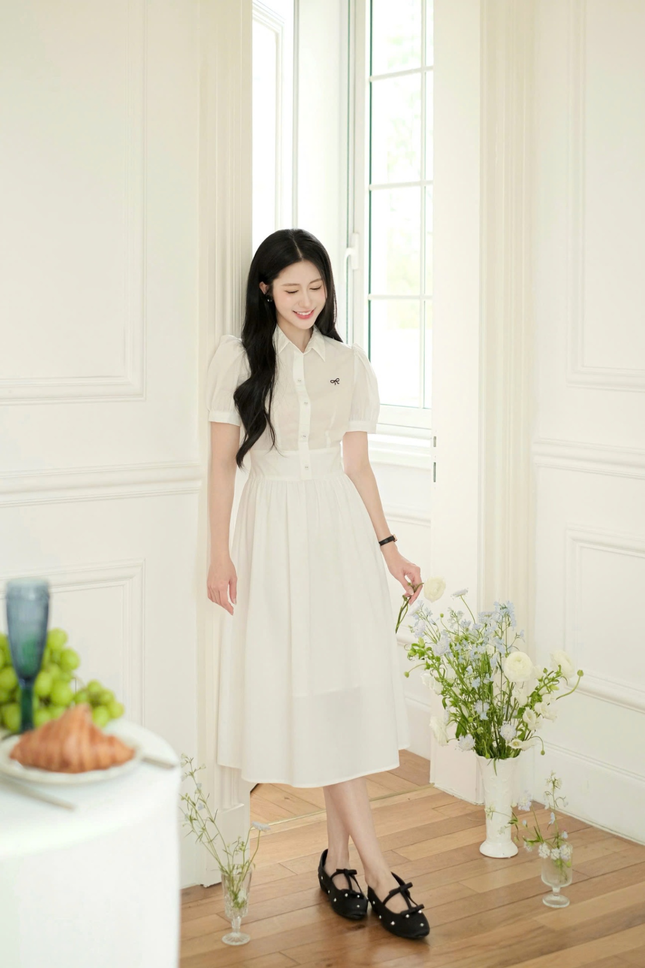 Váy dáng xòe cổ đức can eo nơ ngực