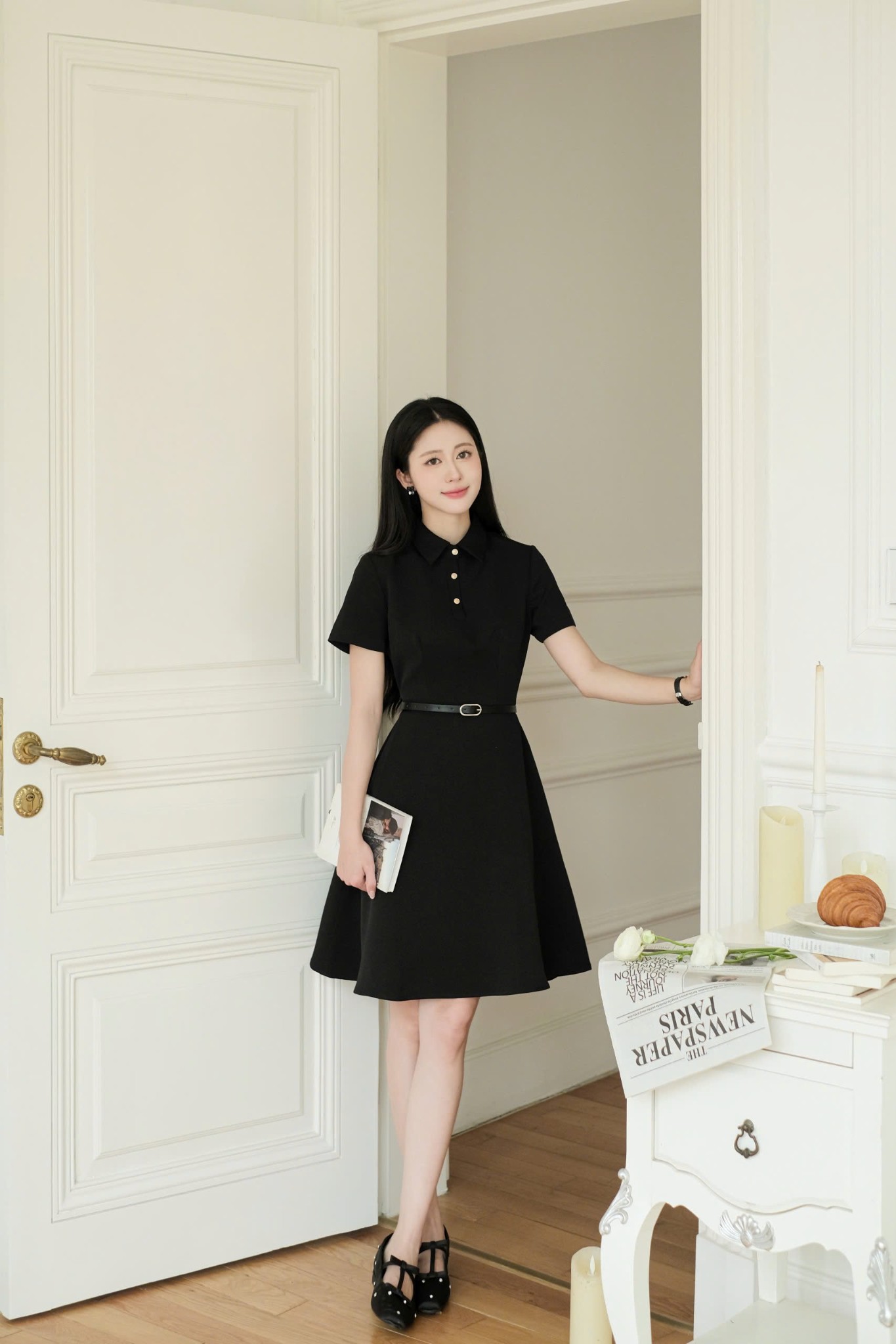 Váy dáng xòe cổ polo kèm belt