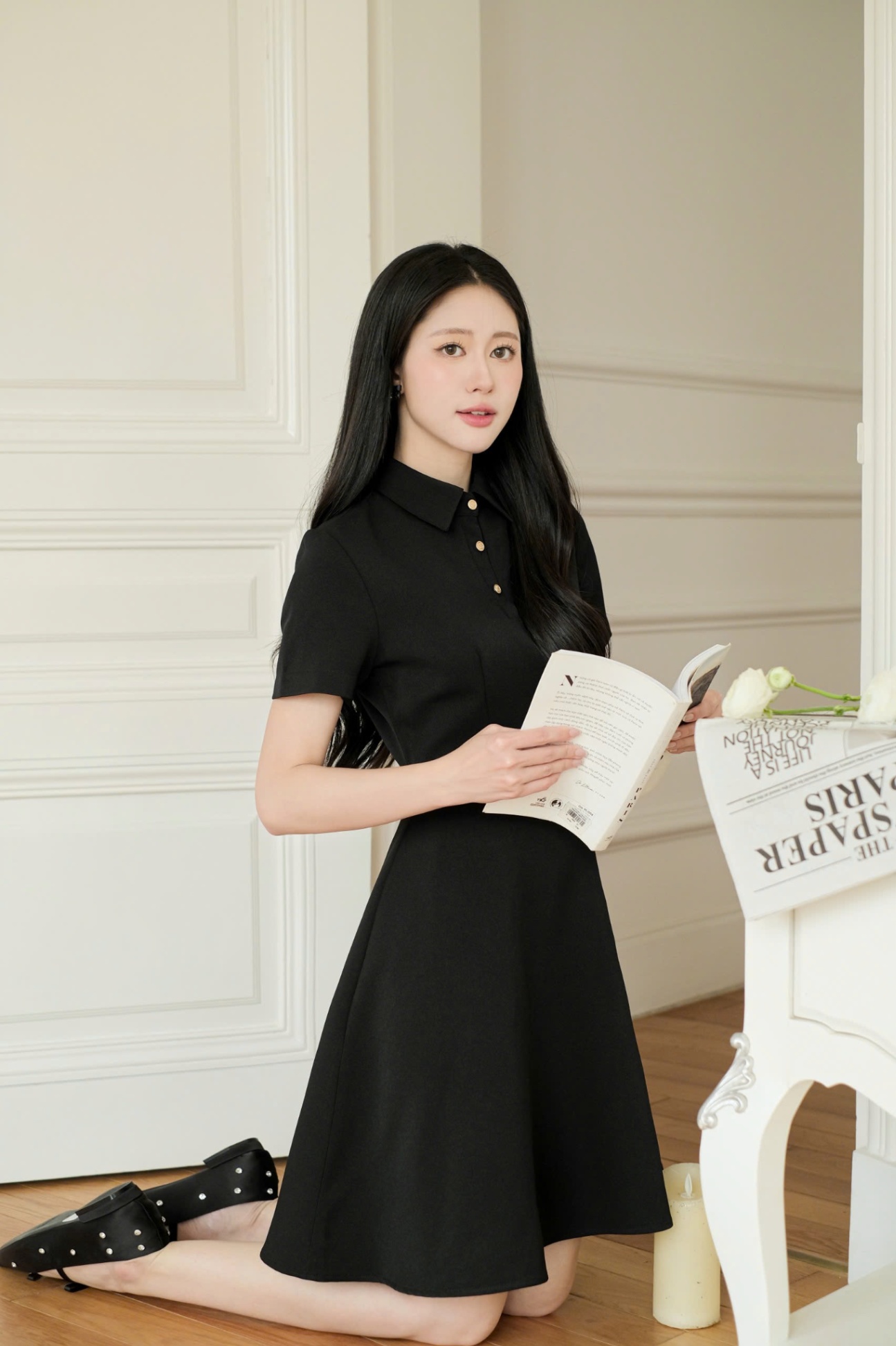 Váy dáng xòe cổ polo kèm belt