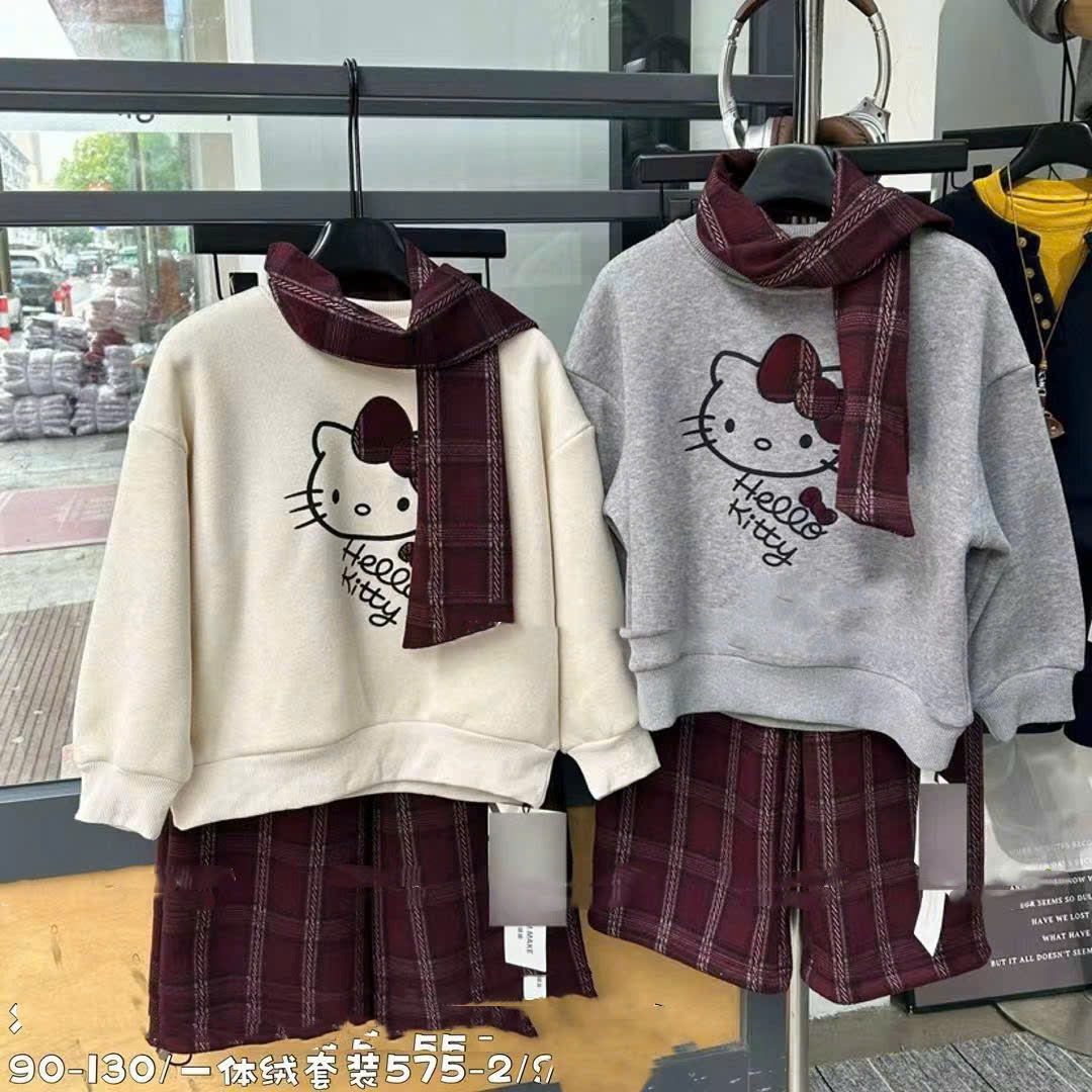 25575-2 bộ nỉ hello kitty quần kẻ đỏ mix khăn