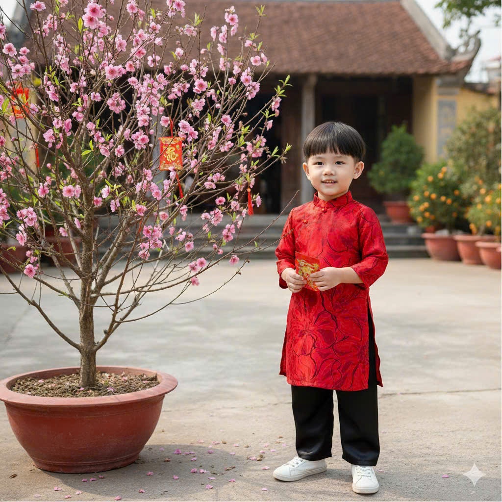 ÁO DÀI ĐỎ GẤM VÂN HOA CAO CẤP BÉ TRAI