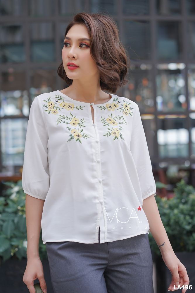 ÁO THÊU HOA NÚT BỌC CỔ TRÒN TL-LA00496