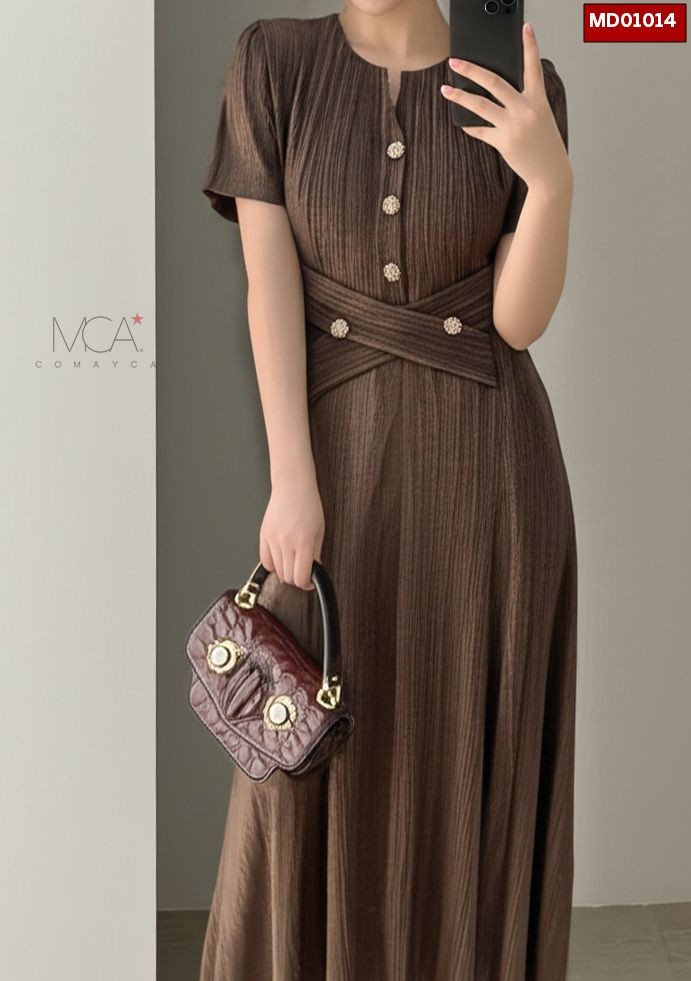 ĐẦM XỐP DẠ CHÉO EO -MD01014-F-NÂU