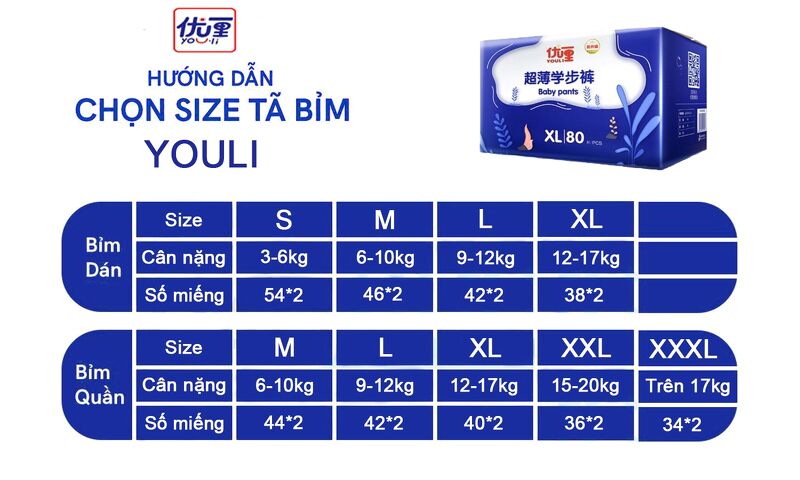 Tã Bỉm YOULI Xanh Dán Size S54*2 cho bé 3-6kg