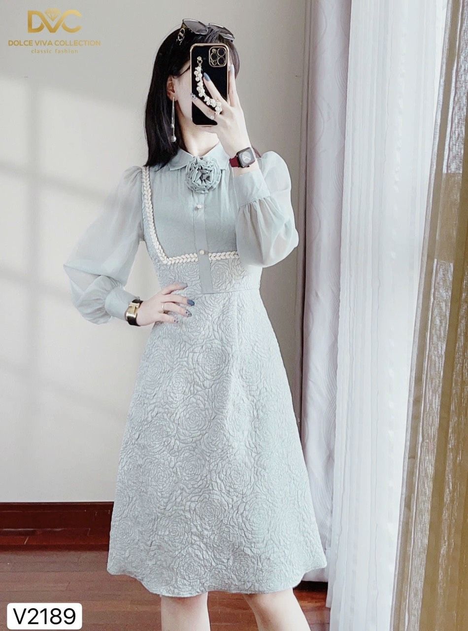 Váy gấm xốp cổ vuông tay bồng | Shopee Việt Nam