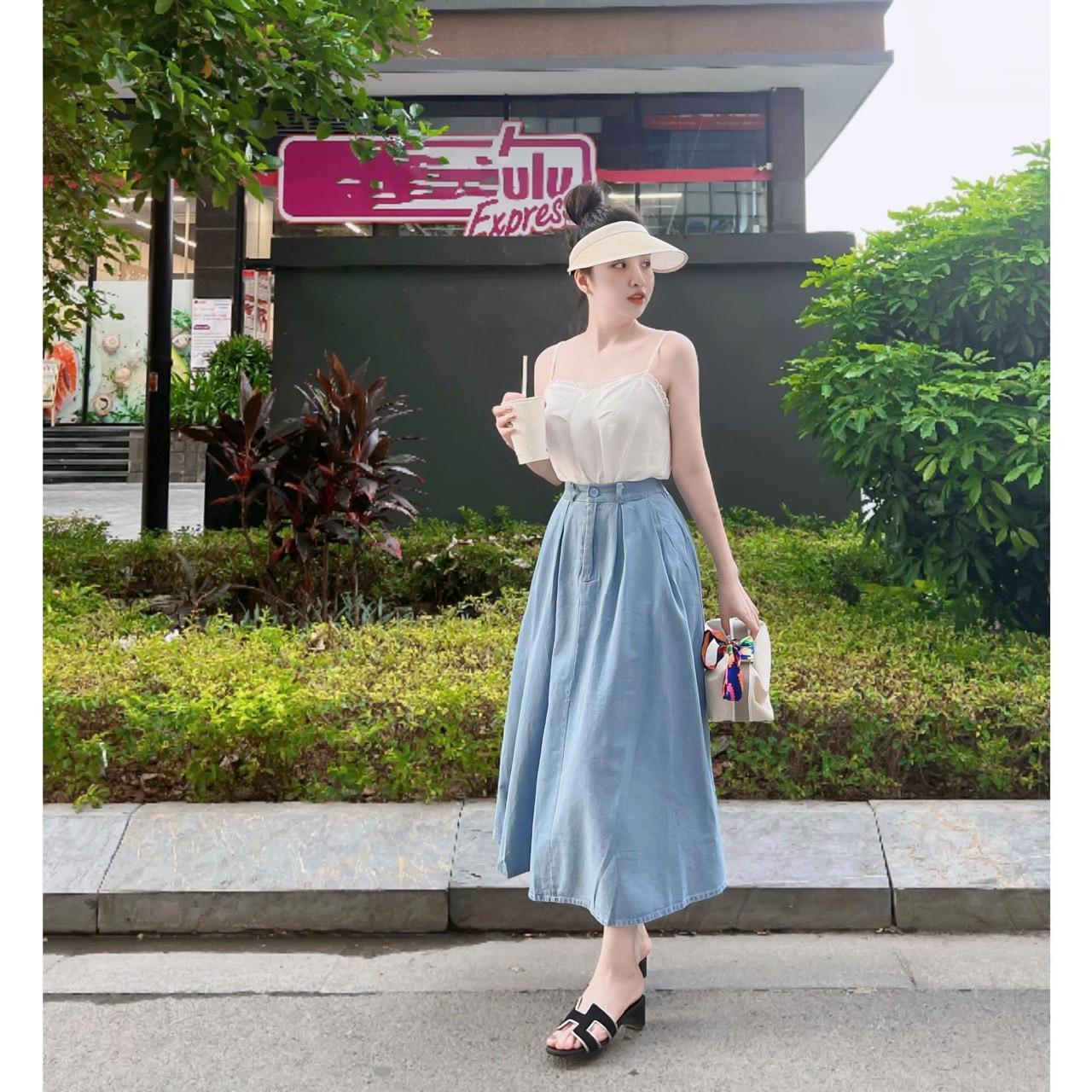 Mua Chân váy bò jean dài xoè có túi 5 kiểu vintage Quảng Châu - Yeep