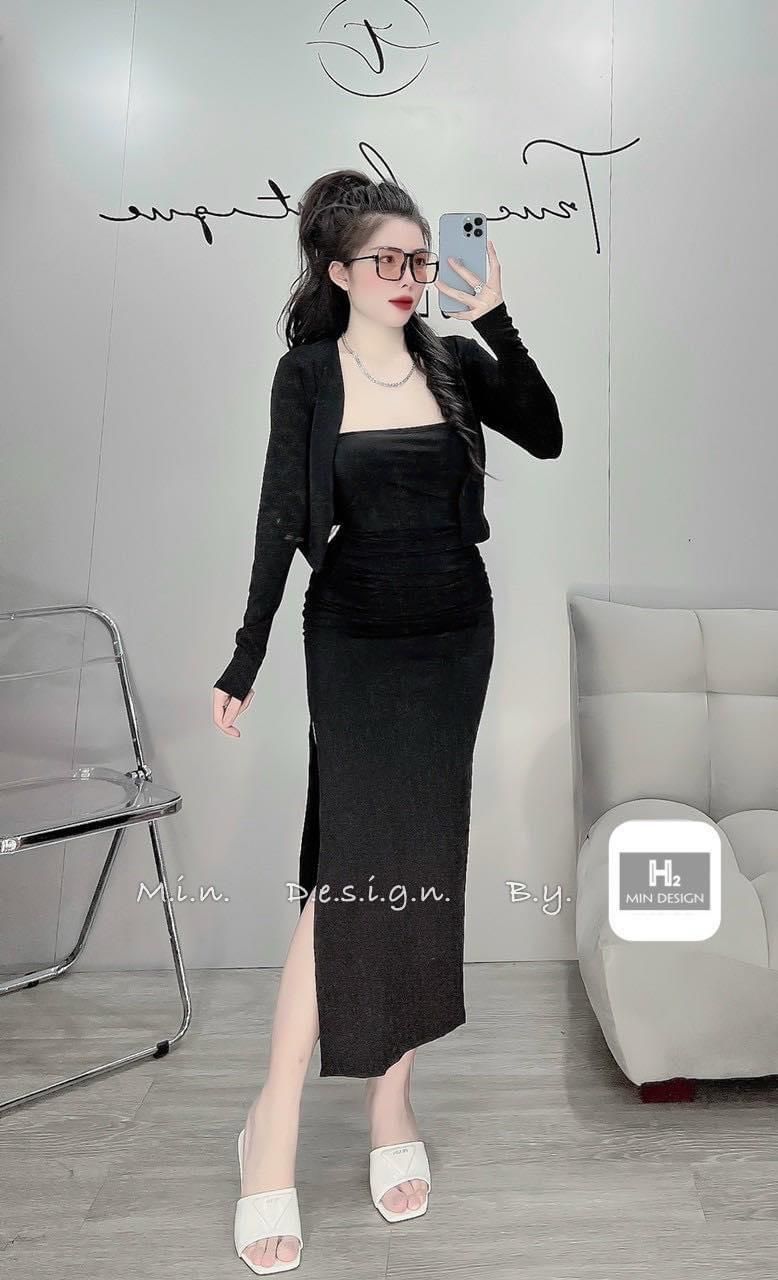 SÉT ĐẦM BODY 2 DÂY (CÓ MÚT) KÈM ÁO KHOÁC SƠ MI CÀI NÚT MÀU Y HÌNH - Quỳnh  Chi Shop