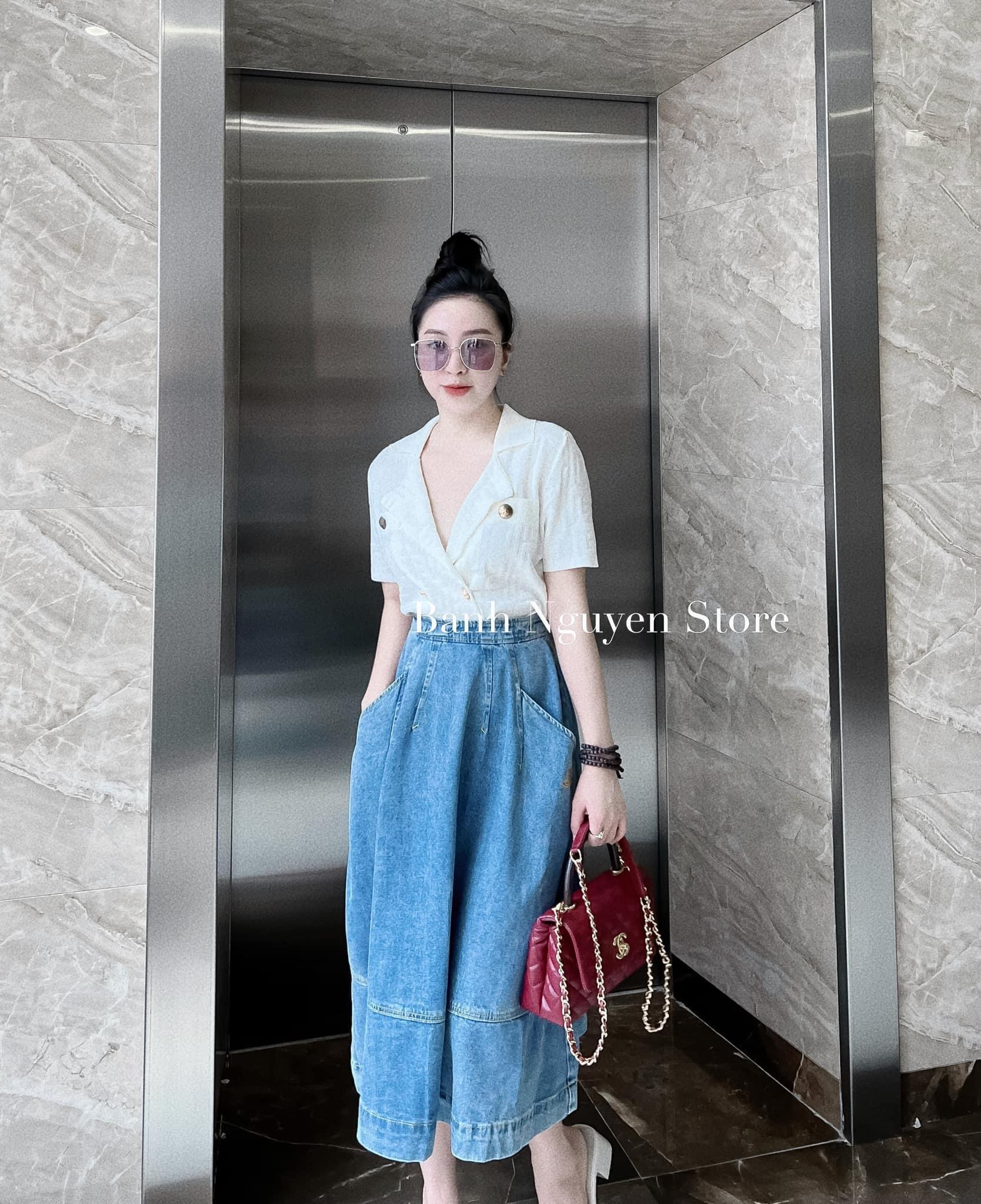 Cám Store | Chân váy jean Quảng Châu dài xoè hai túi dây kéo bên hông