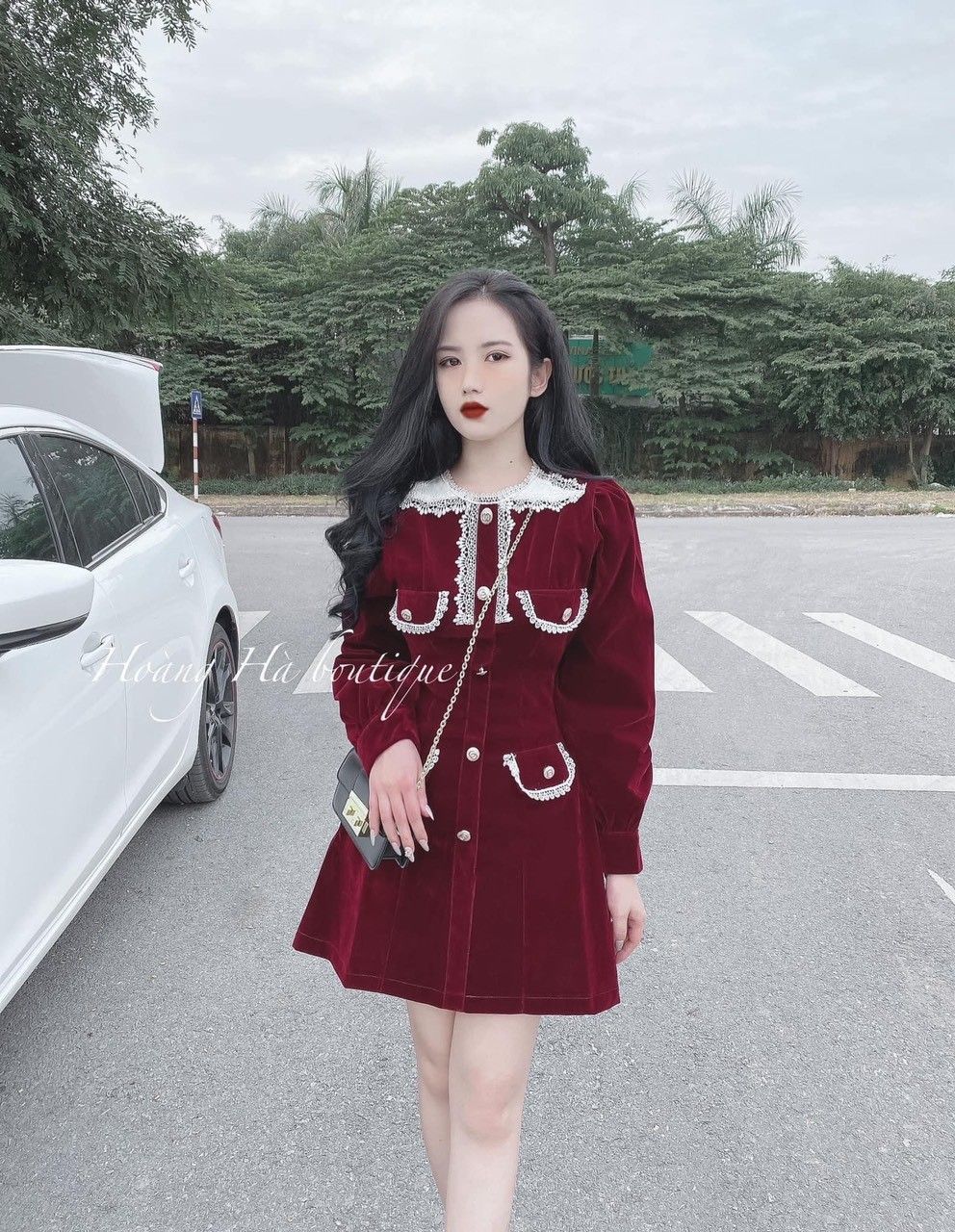 Váy nhung đỏ nơ vai, Đầm nhung xoè tay bồng phong cách tiểu thư Hàn Quốc |  Shopee Việt Nam