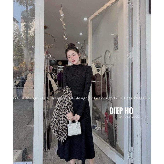 Váy len trơn dài tay dáng xoè cổ tròn | Shopee Việt Nam