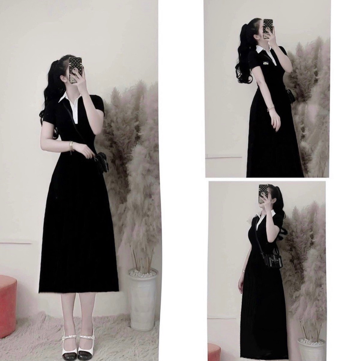 Đầm xòe đen tay dài cổ viền trắng - Bán sỉ thời trang mỹ phẩm