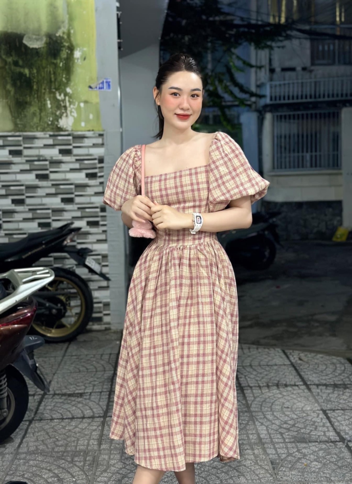Váy kẻ xanh mint dáng xòe - Đầm xòe cổ vuông tay bồng thắt eo - Váy thiết  kế Emme | Shopee Việt Nam