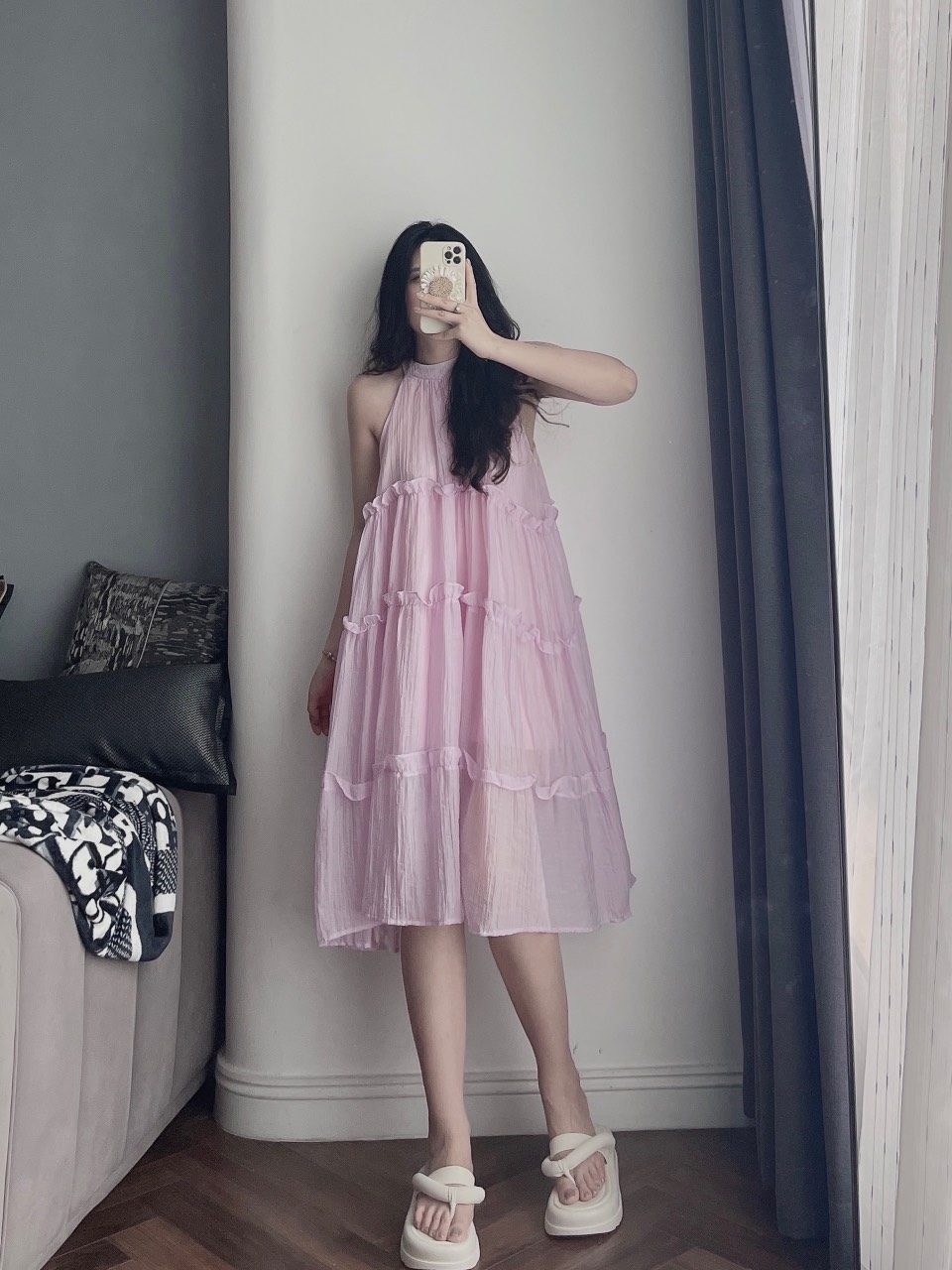 Đầm thun body cổ yếm váy dún màu hồng - Bỏ Sỉ Quần Áo