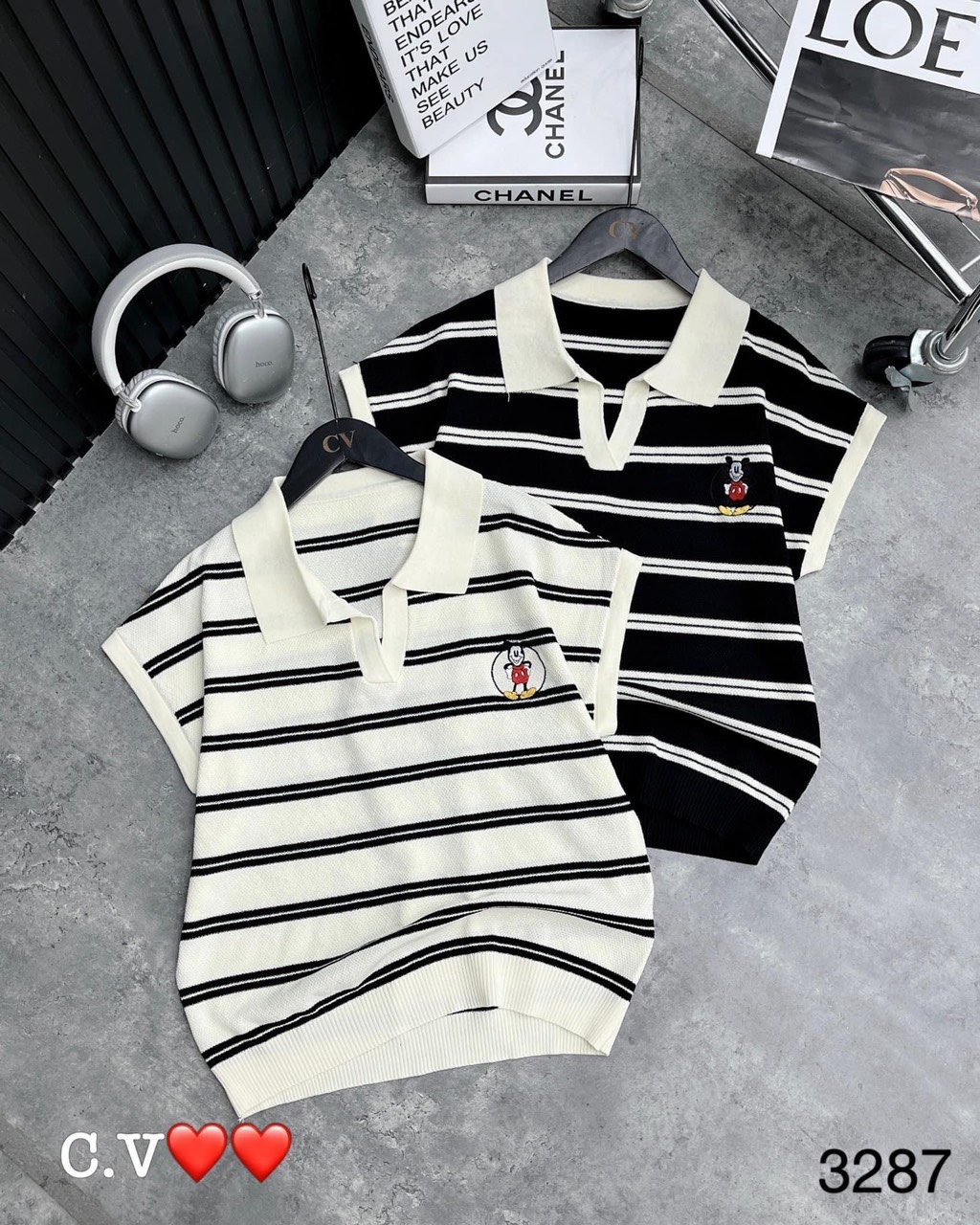 ÁO LEN POLO KẺ THÊU MICKY QC