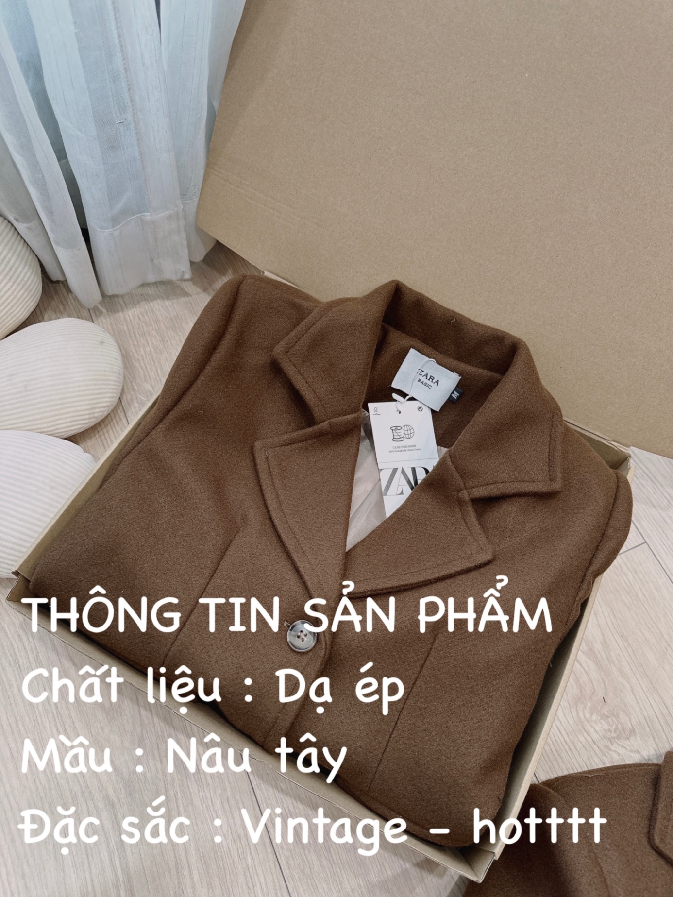 ÁO DẠ ÉP CỔ VEST TÚI TRƯỚC MÀU NÂU