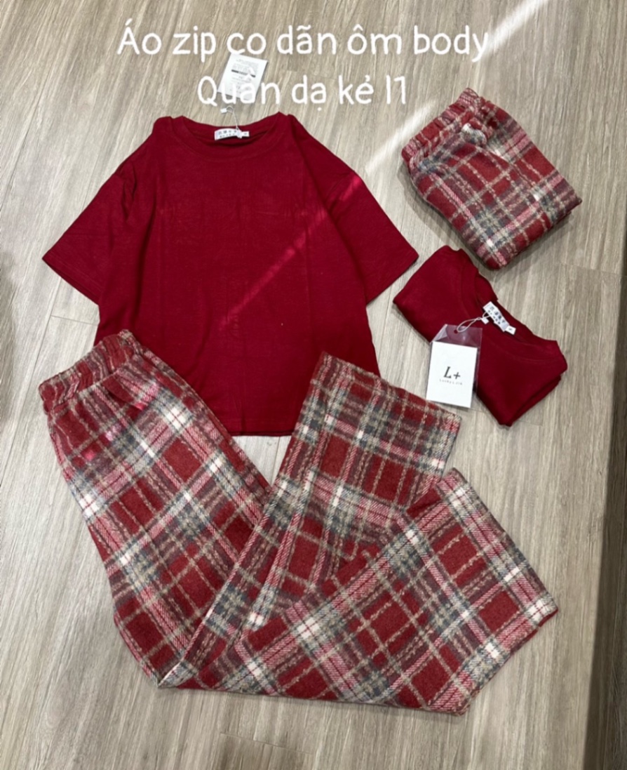 BỘ COTTON ZIP ĐỎ QUẦN KẺ