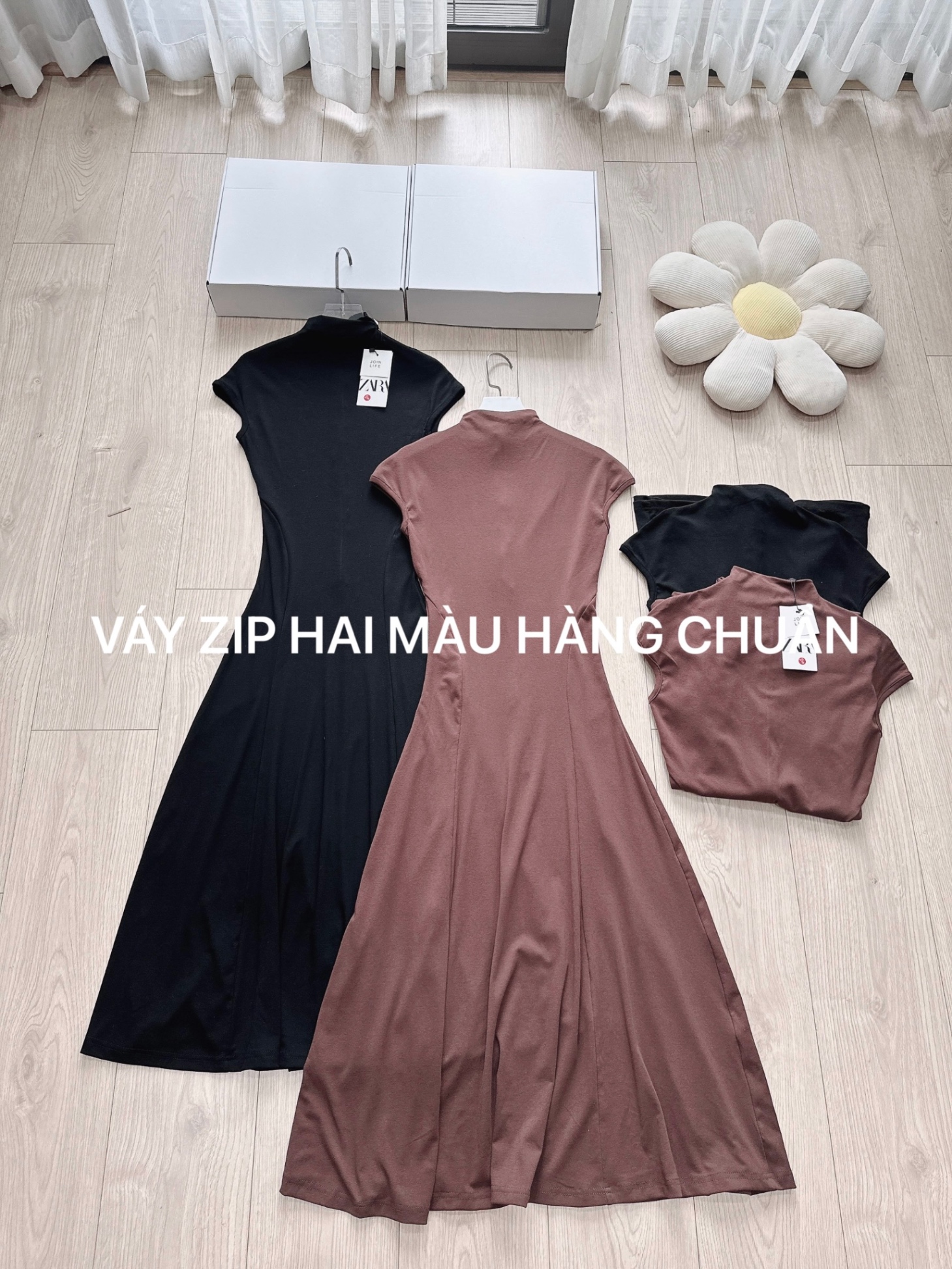 VÁY LEN ZIP CỔ 3P ĐEN NÂU