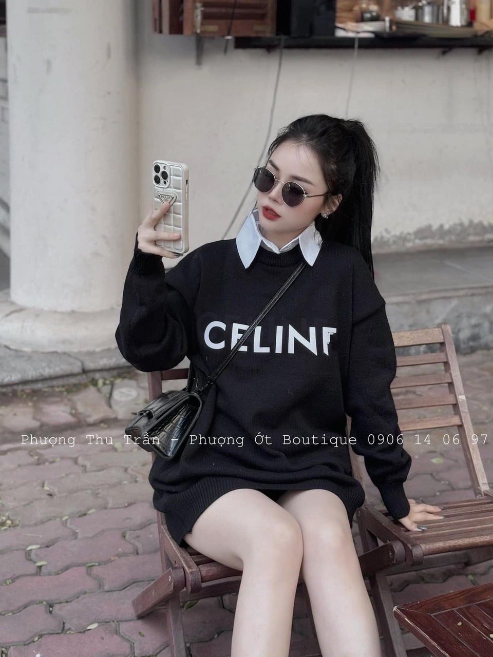 ÁO NỈ CỔ SƠ MI CELIN MÀU ĐEN