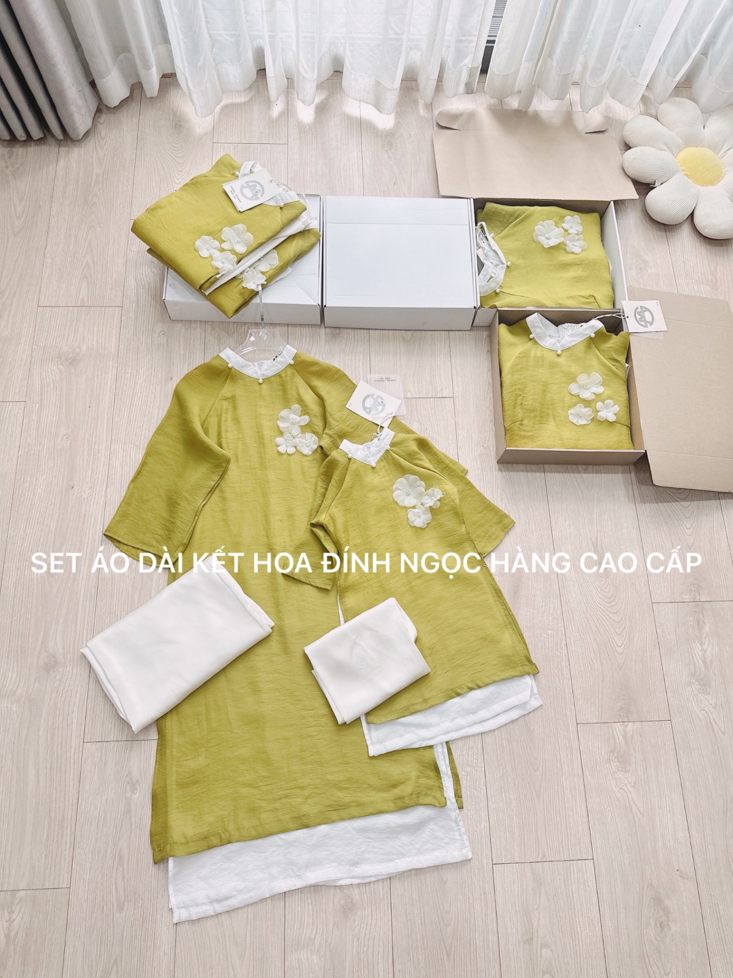 SET ÁO DÀI PHỐI CỔ HOA NGỰC KẾT CƯỜM MAU XANH