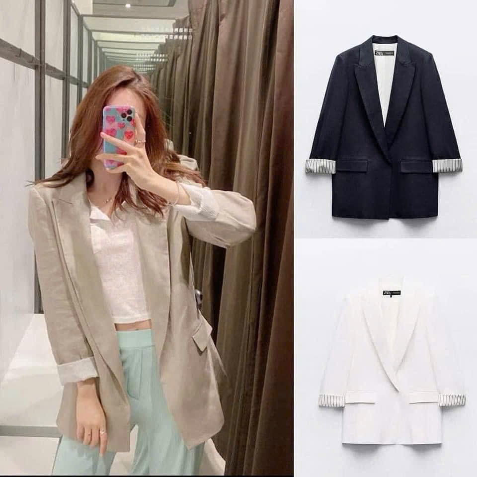 ÁO BLAZER PHỐI TAY KẺ ÉP MÙNG