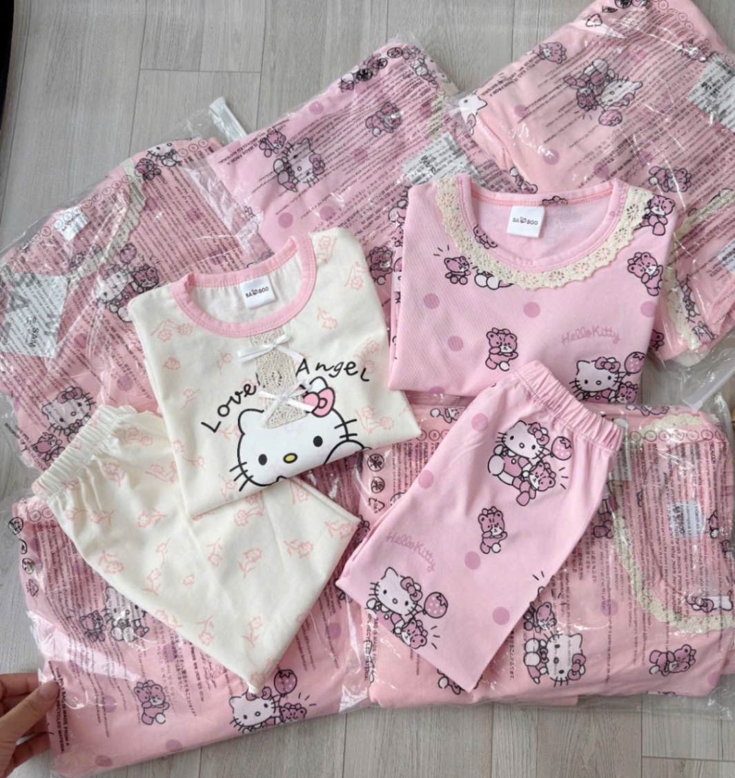 SÉT 2 BỘ COTTON HÌNH MÈO HỒNG BE