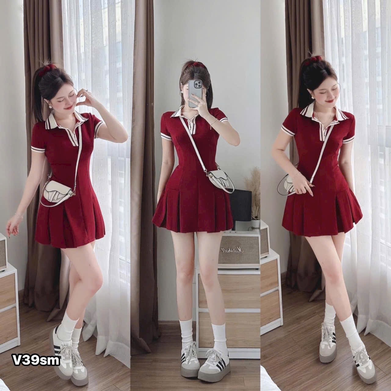 VÂY POLO ĐỎ CỔ ĐỨC TRẮNG