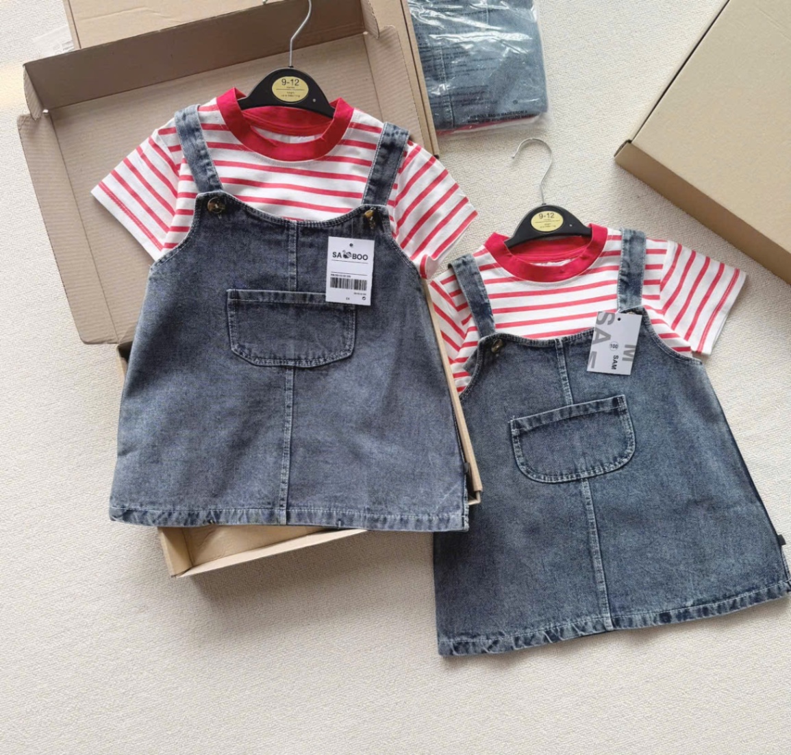 SET ÁO PULL CỘC KẺ ĐỎ MIX YẾM JEAN BG