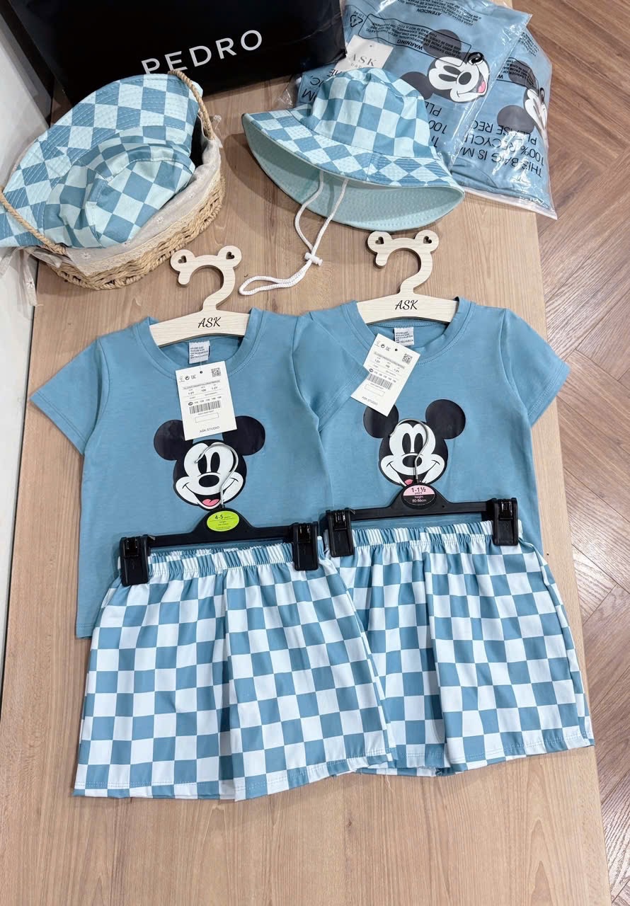 BỘ ĐÙI MICKY XANH QUẦN KẺ KÈM MŨ