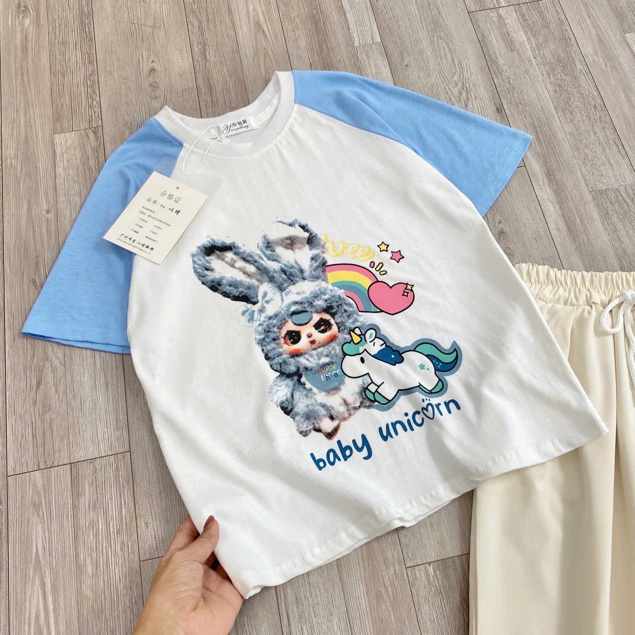 BỘ BABY THREE PHỐI XANH QUẦN THỤNG BE