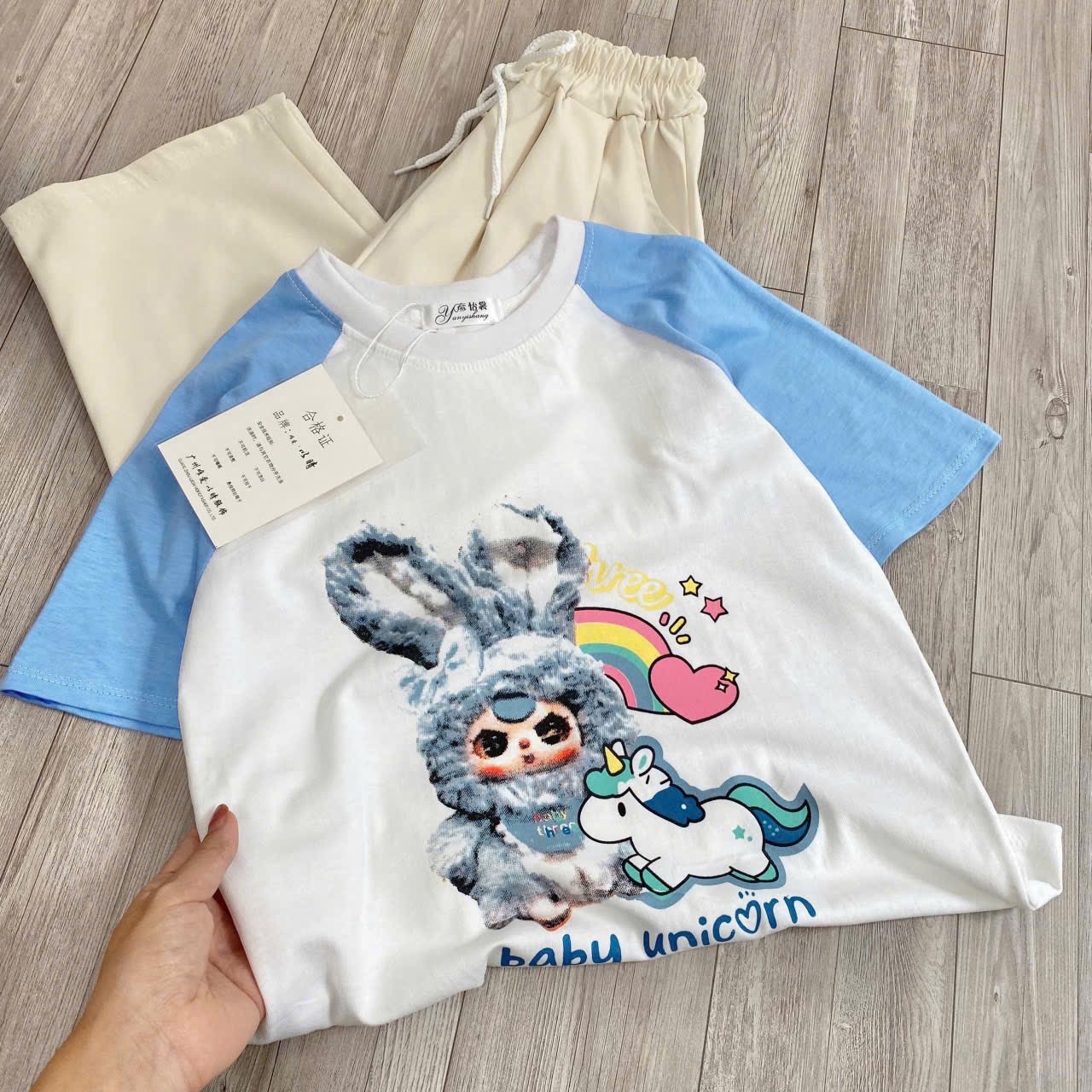 BỘ BABY THREE PHỐI XANH QUẦN THỤNG BE