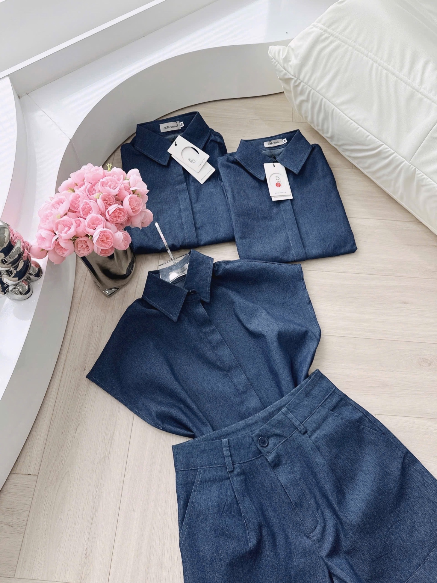 SÉT BÒ DENIM TAY LIỀN MÀU XANH