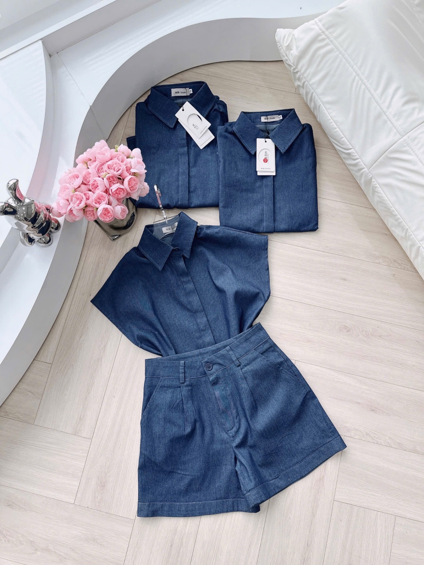 SÉT BÒ DENIM TAY LIỀN MÀU XANH