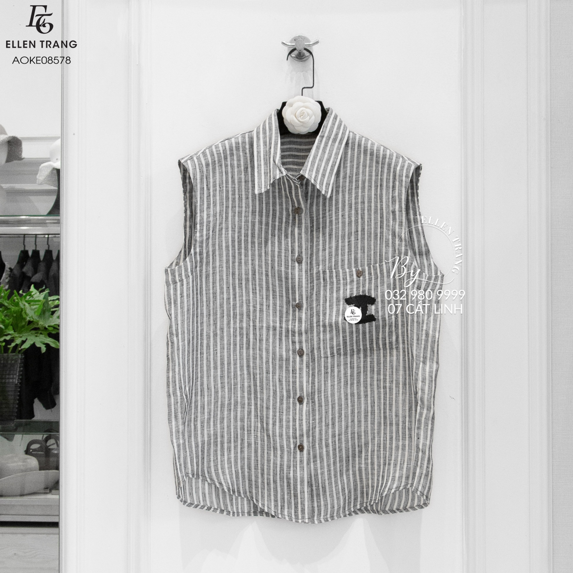 ÁO SƠ MI GHI KẺ TRẮNG LOGO CHANEL