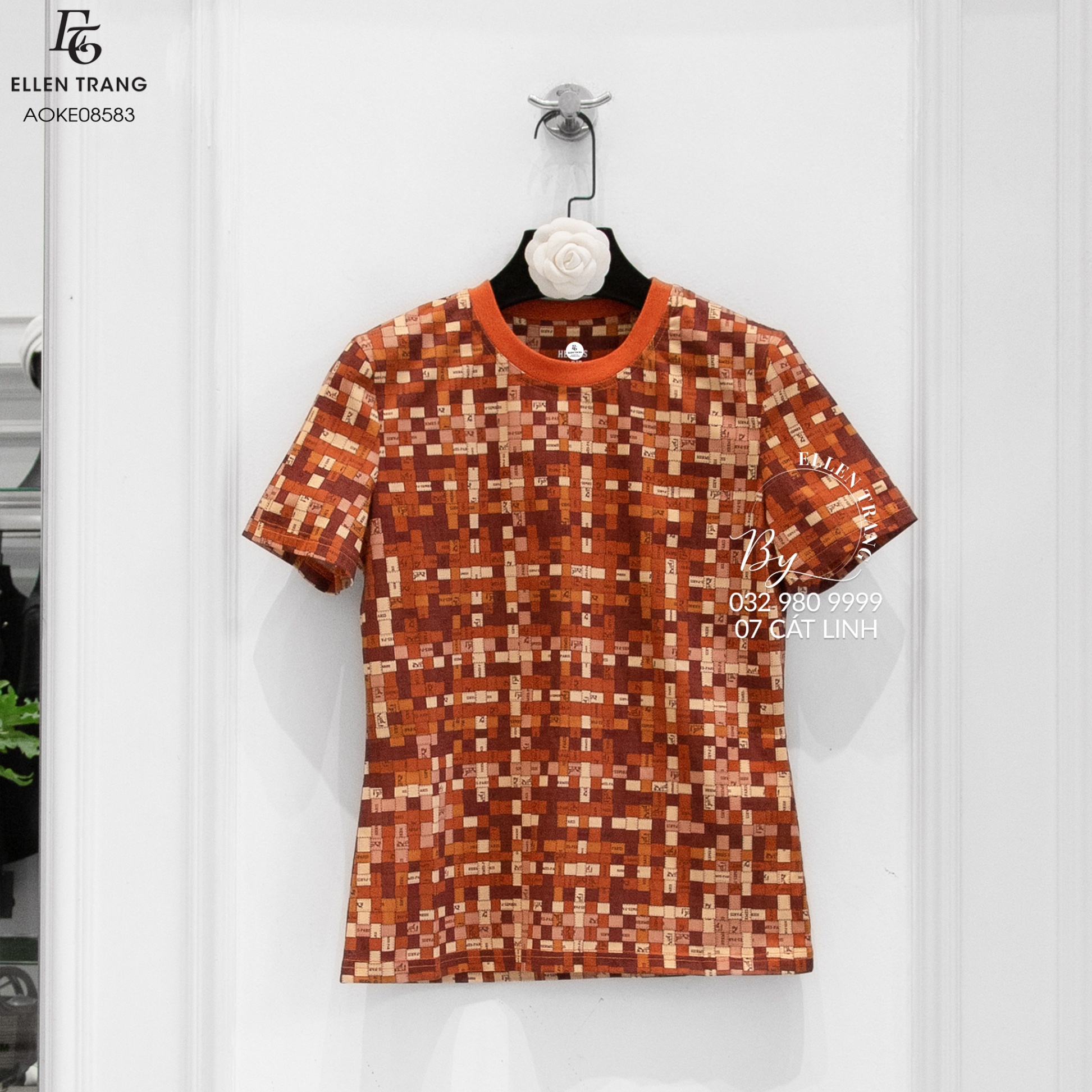 ÁO PHÔNG KẺ Ô CAM NÂU BE HERMES