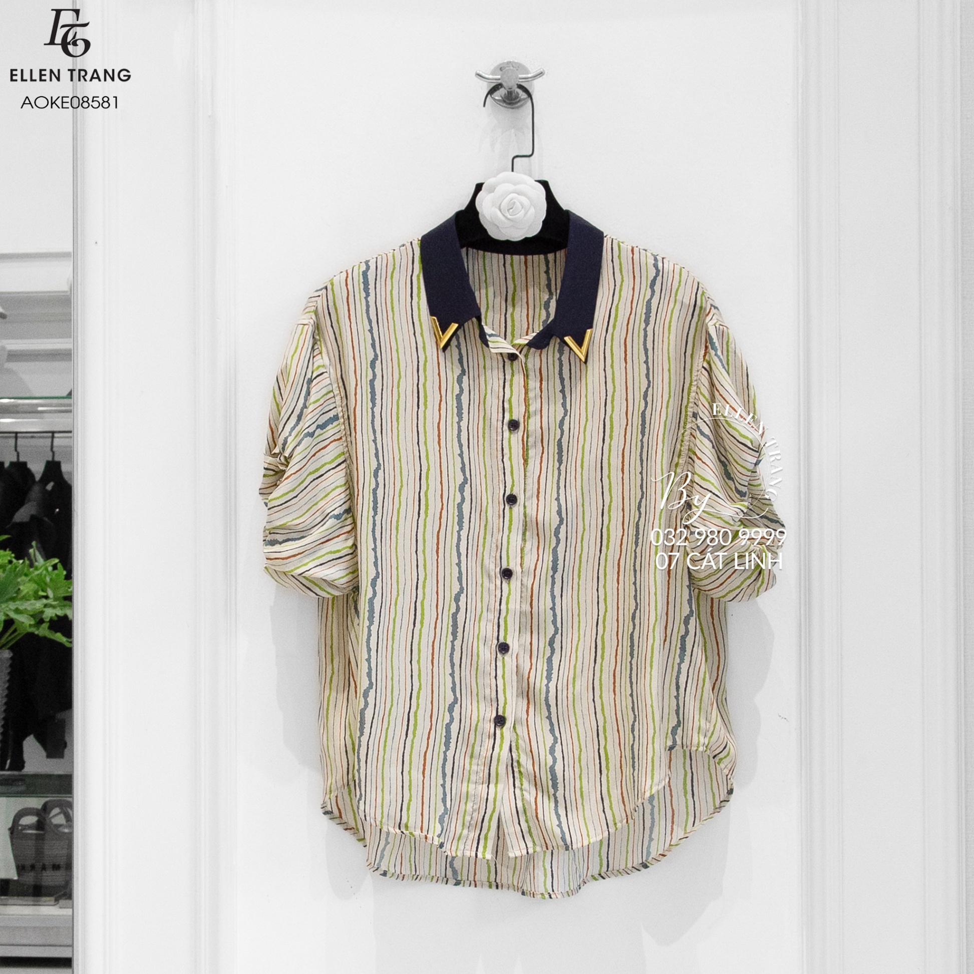ÁO KẺ SỌC BE XANH CỔ XANH THAN CHỮ V