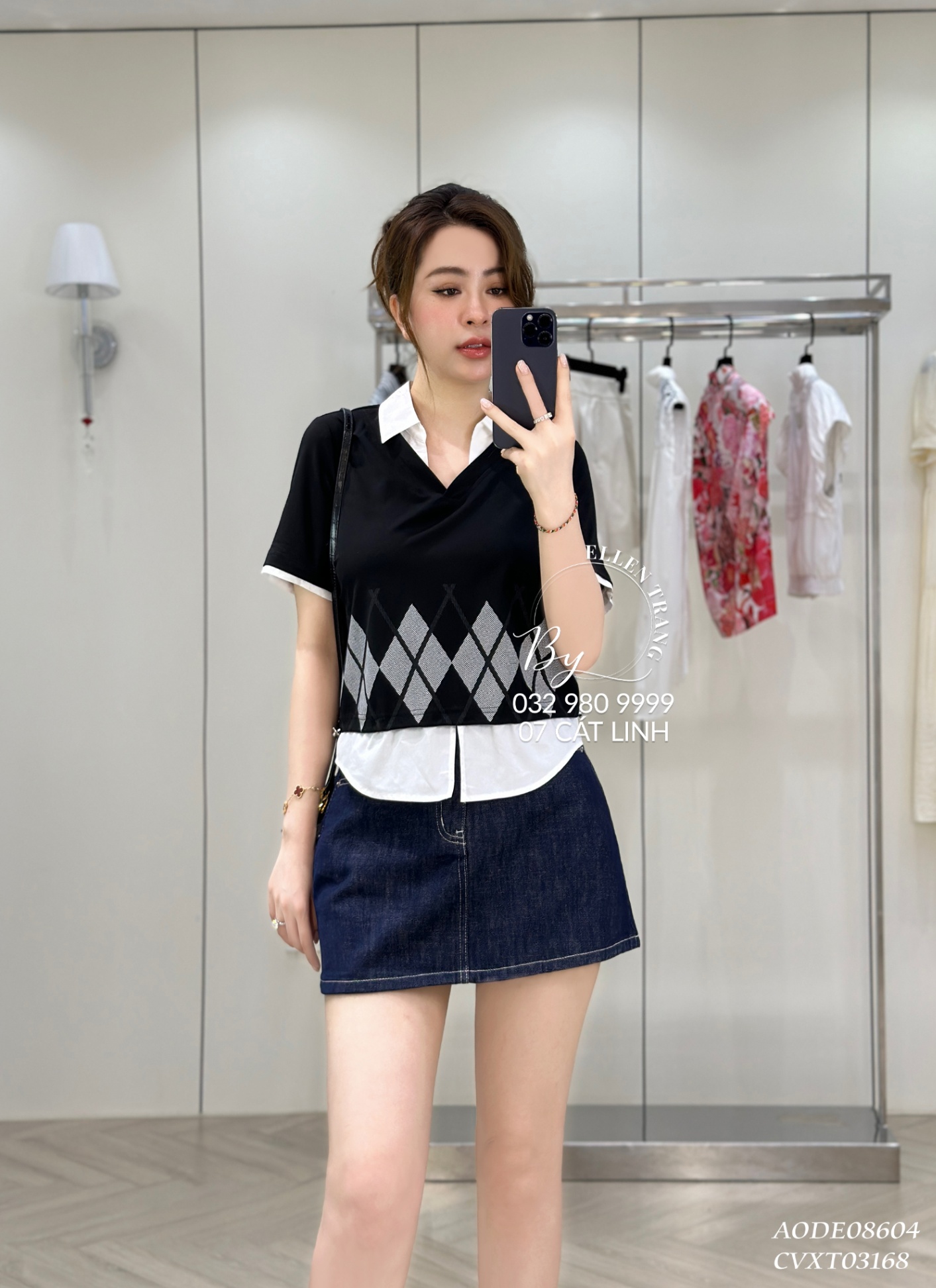 ÁO ĐEN PHỐI TRẮNG HỌA TIẾT HÌNH THOI