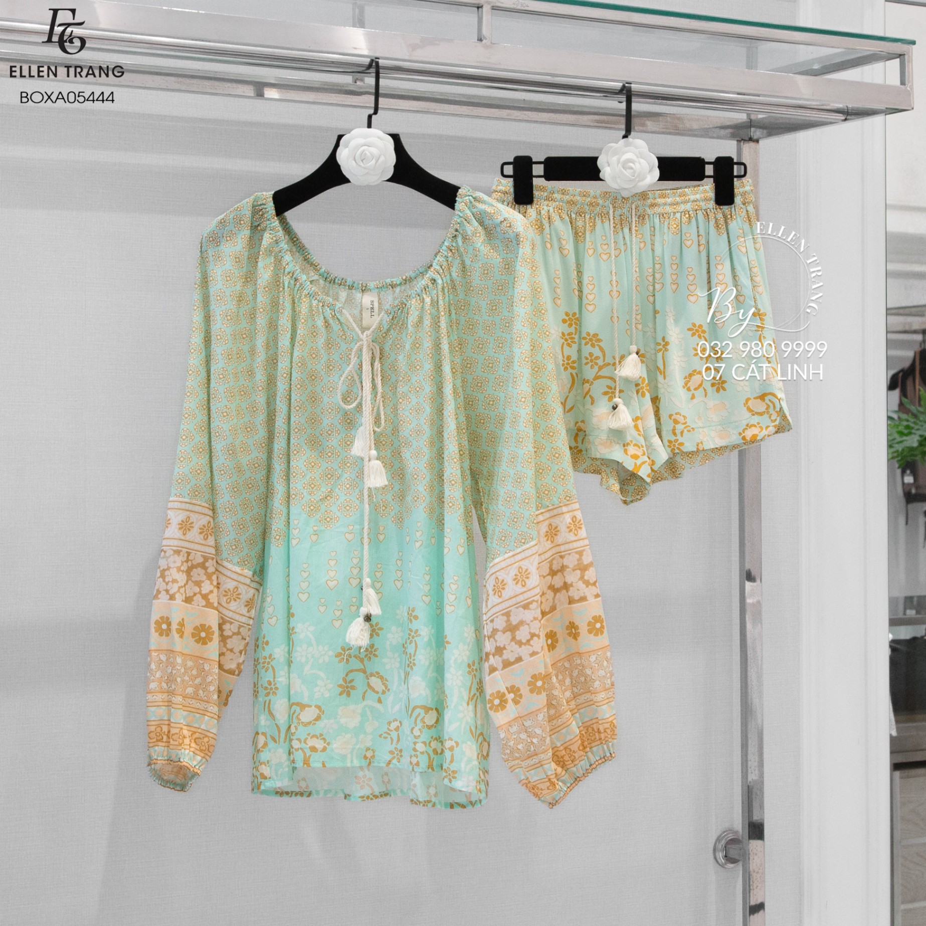 BỘ XANH CAM HOẠ TIẾT HOA VÀ TRÁI TIM