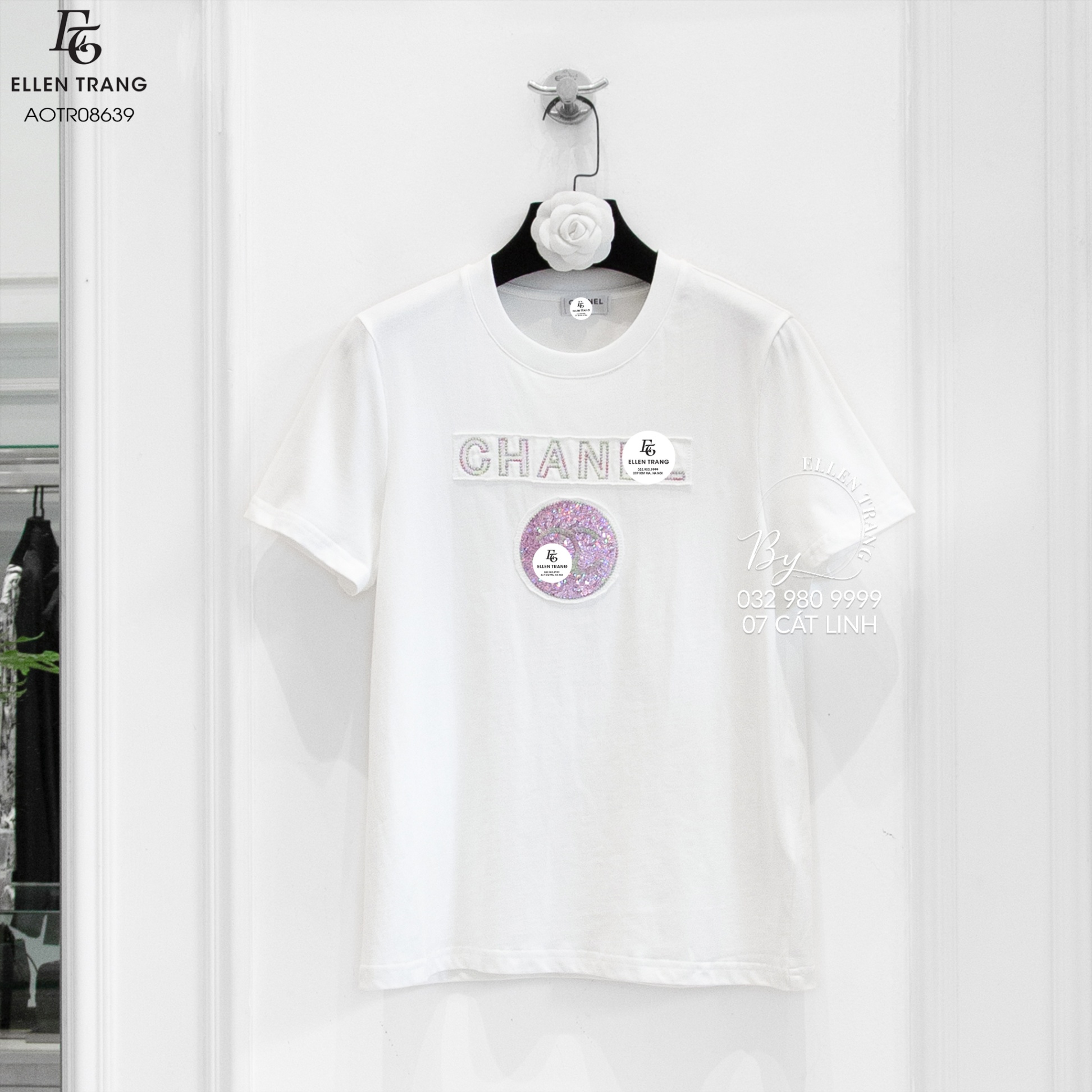 ÁO PHÔNG TRẮNG CHANEL ĐÍNH CƯỜM TÍM