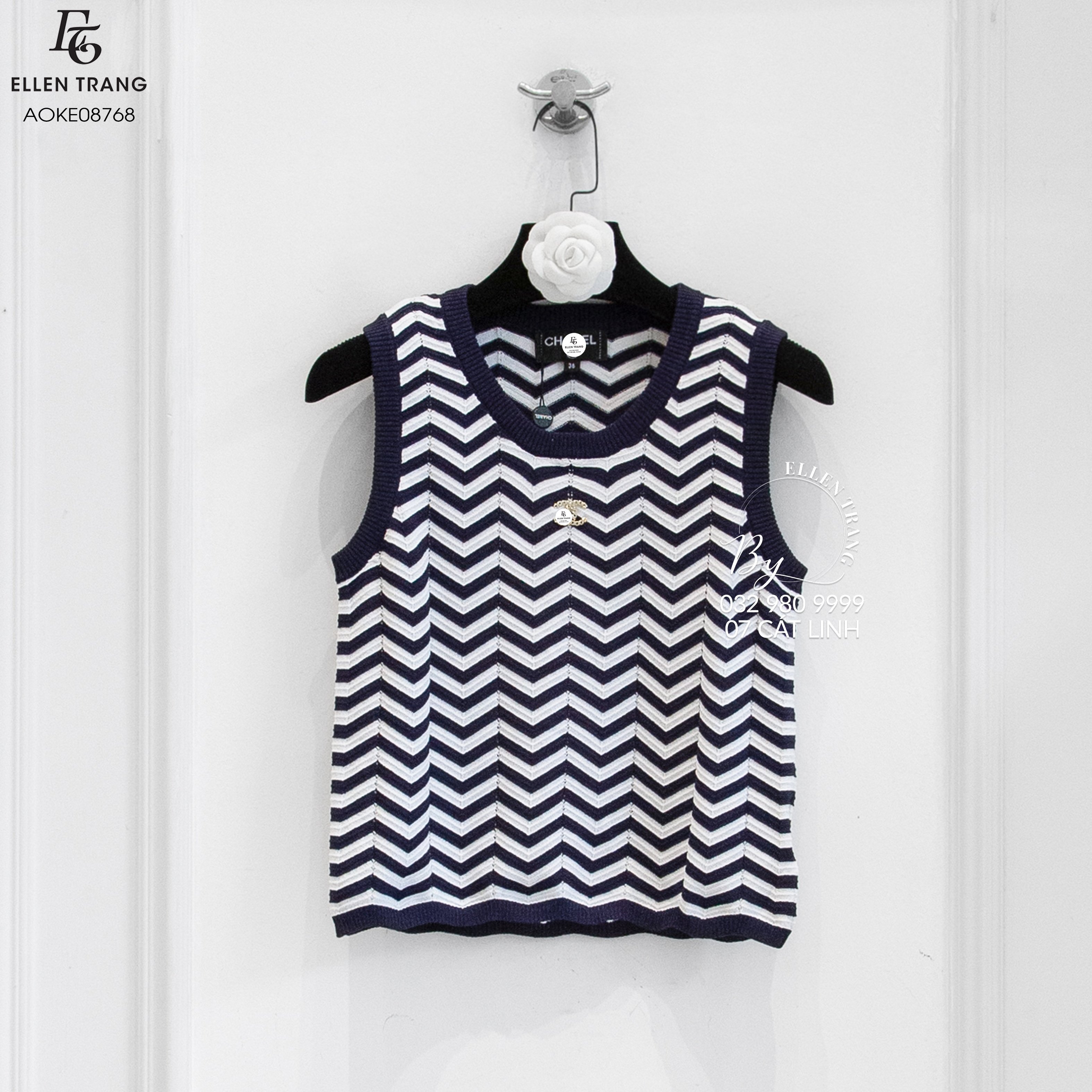 ÁO BA LỖ XANH THAN KẺ TRẮNG KHUY CÀI CHANEL