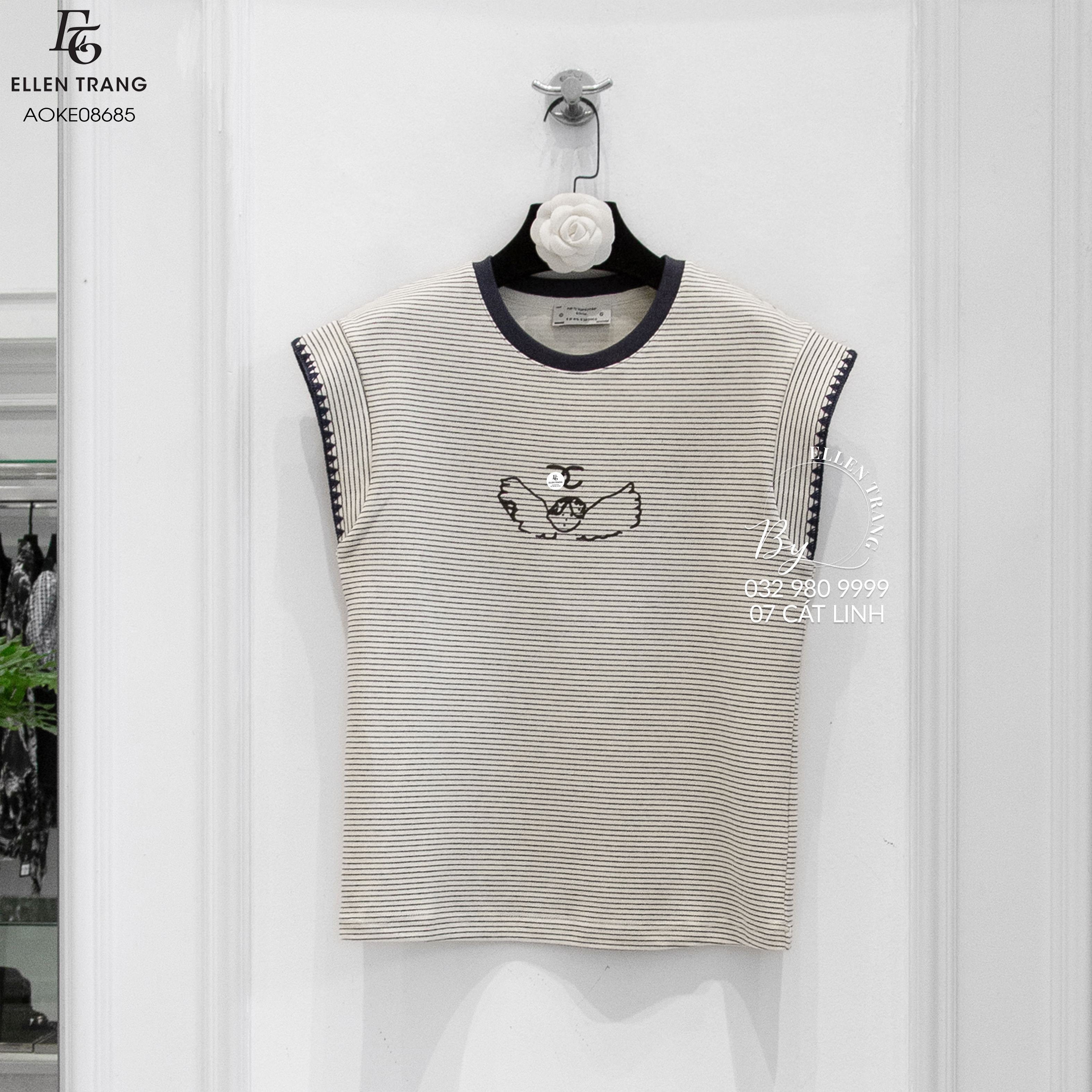 ÁO BE KẺ ĐEN HOẠT TIẾT CHANEL TAY VIỀN THÊU
