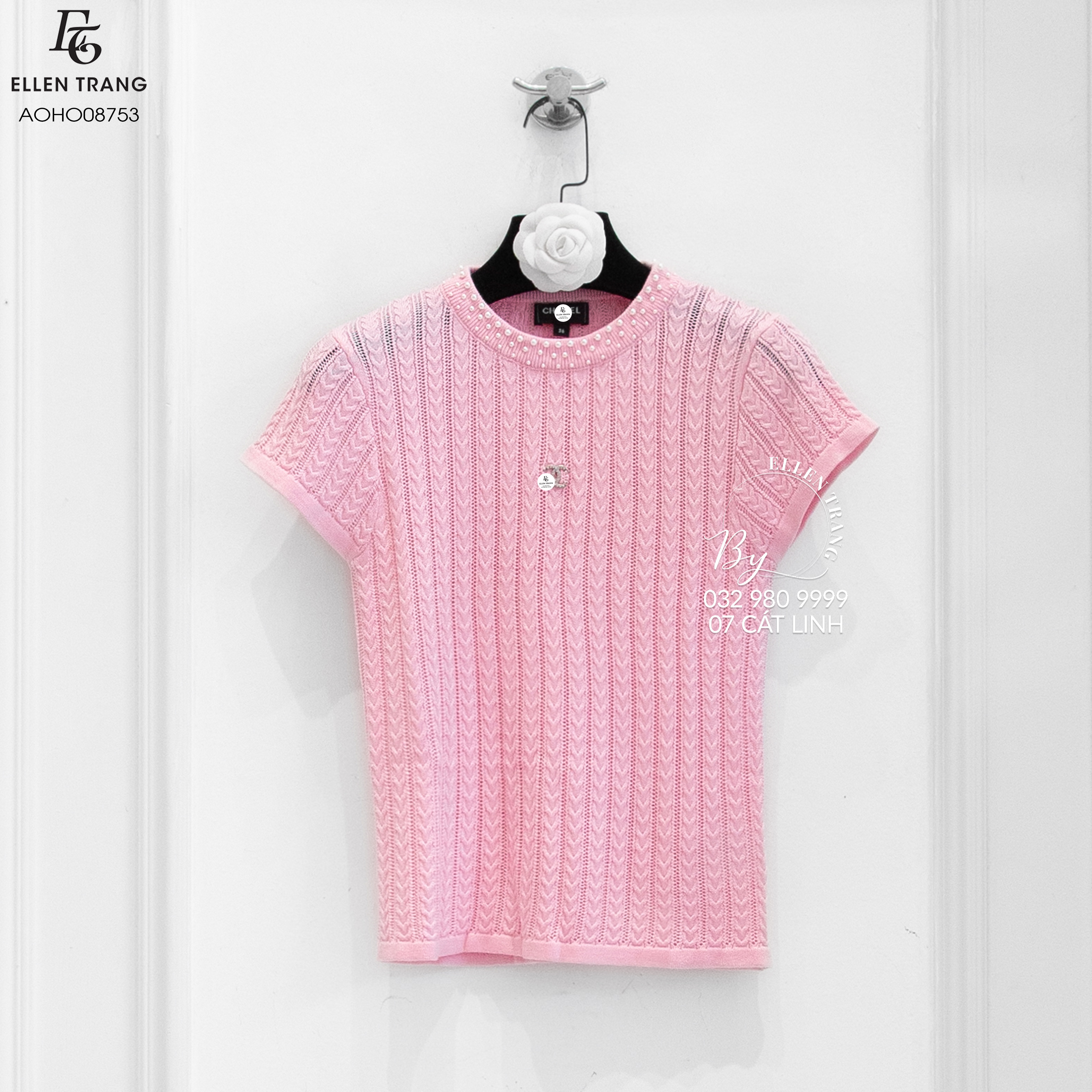 ÁO HỒNG CỔ NGỌC TRAI CHANEL