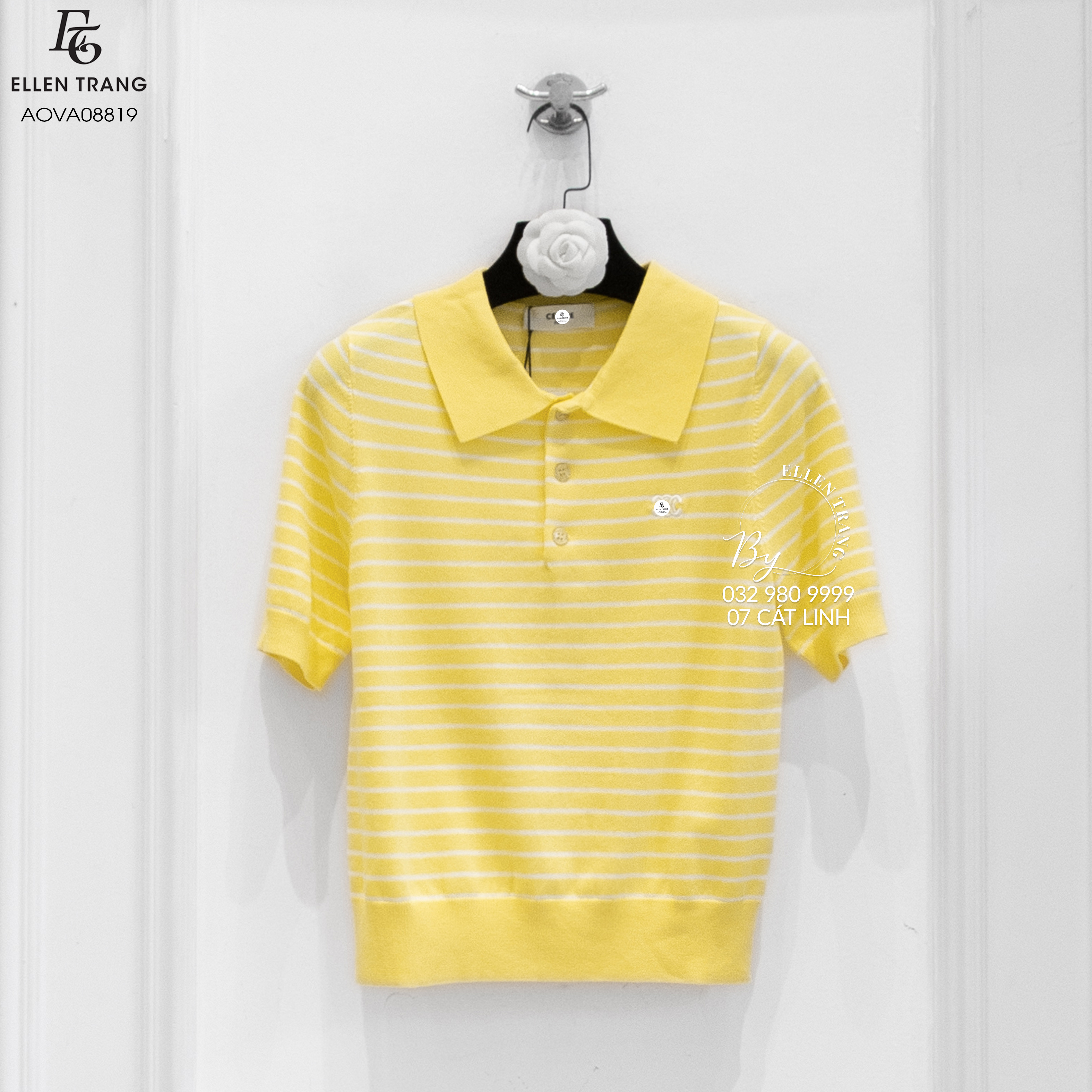 ÁO POLO VÀNG KẺ TRẮNG THÊU LOGO CELINE