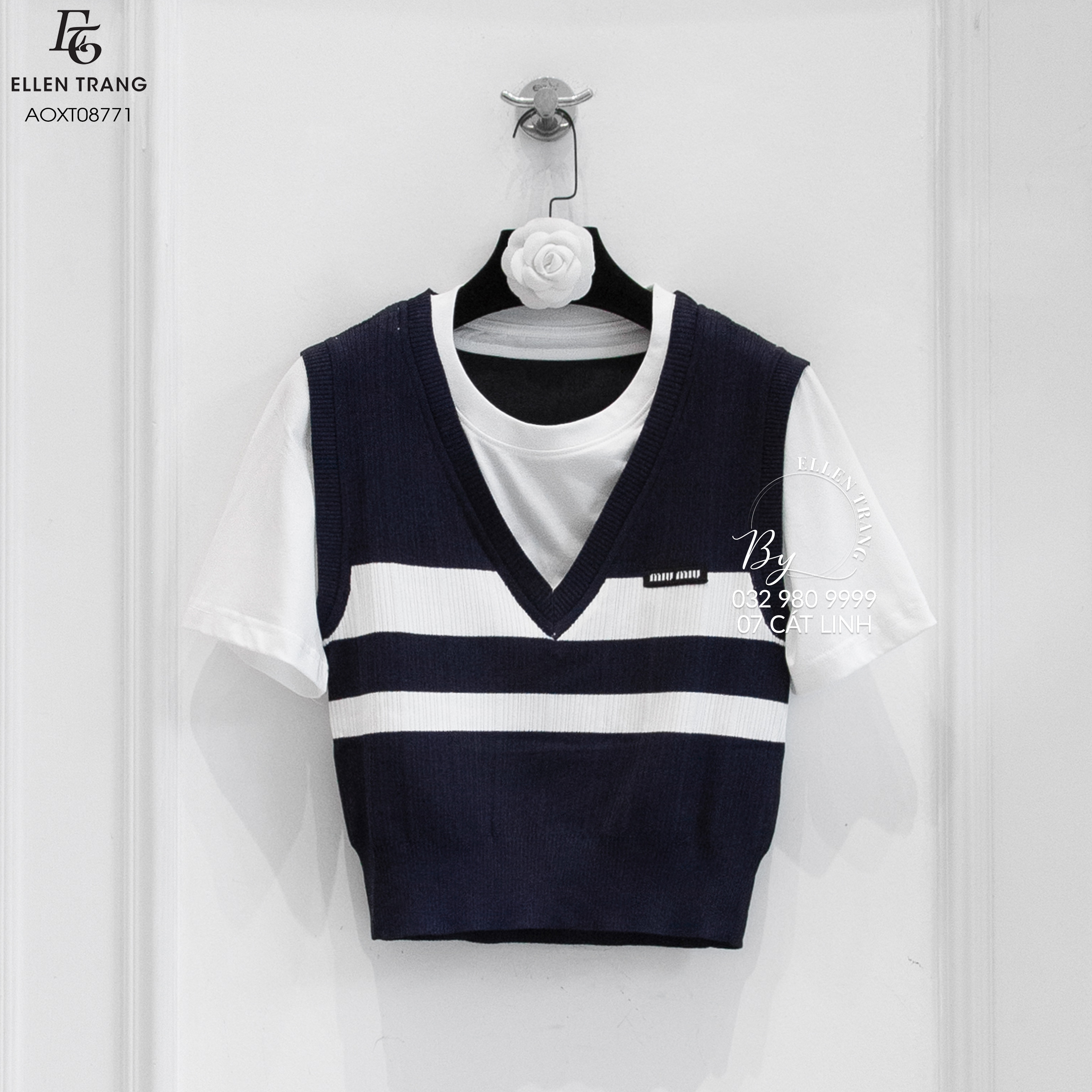 ÁO XANH THAN KẺ TRẮNG TAG MIUMIU