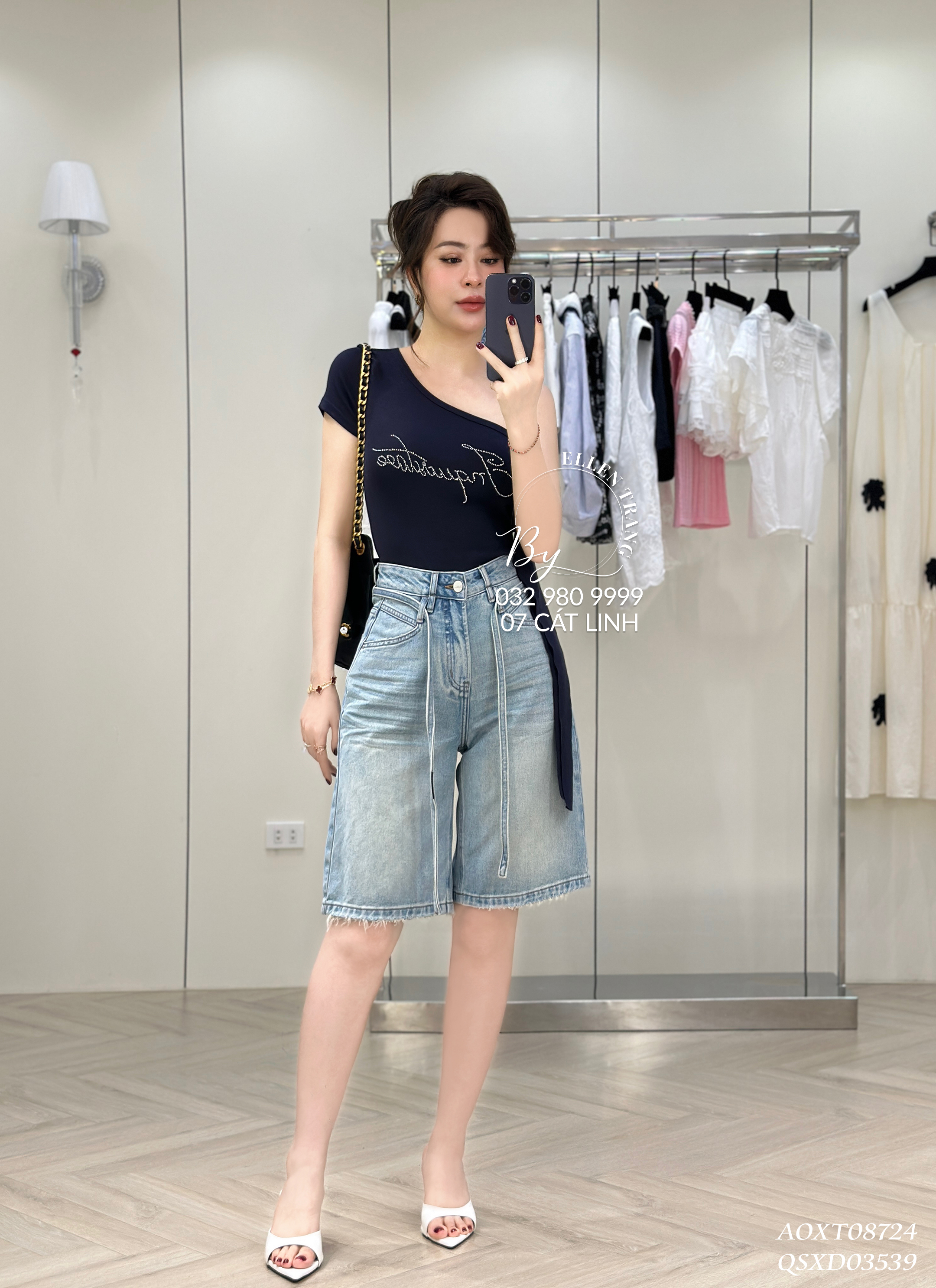 ÁO XANH THAN LỆCH VAI CHỮ HẠT