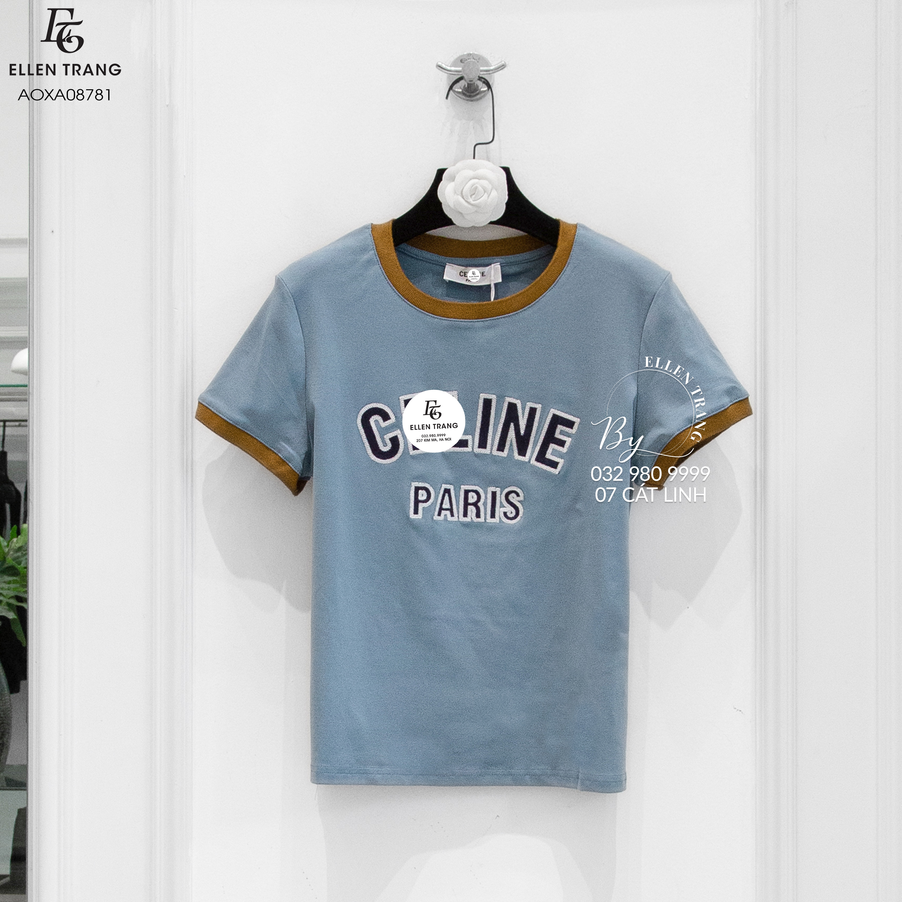 ÁO XANH VIỀN NÂU CHỮ CELINE PARIS
