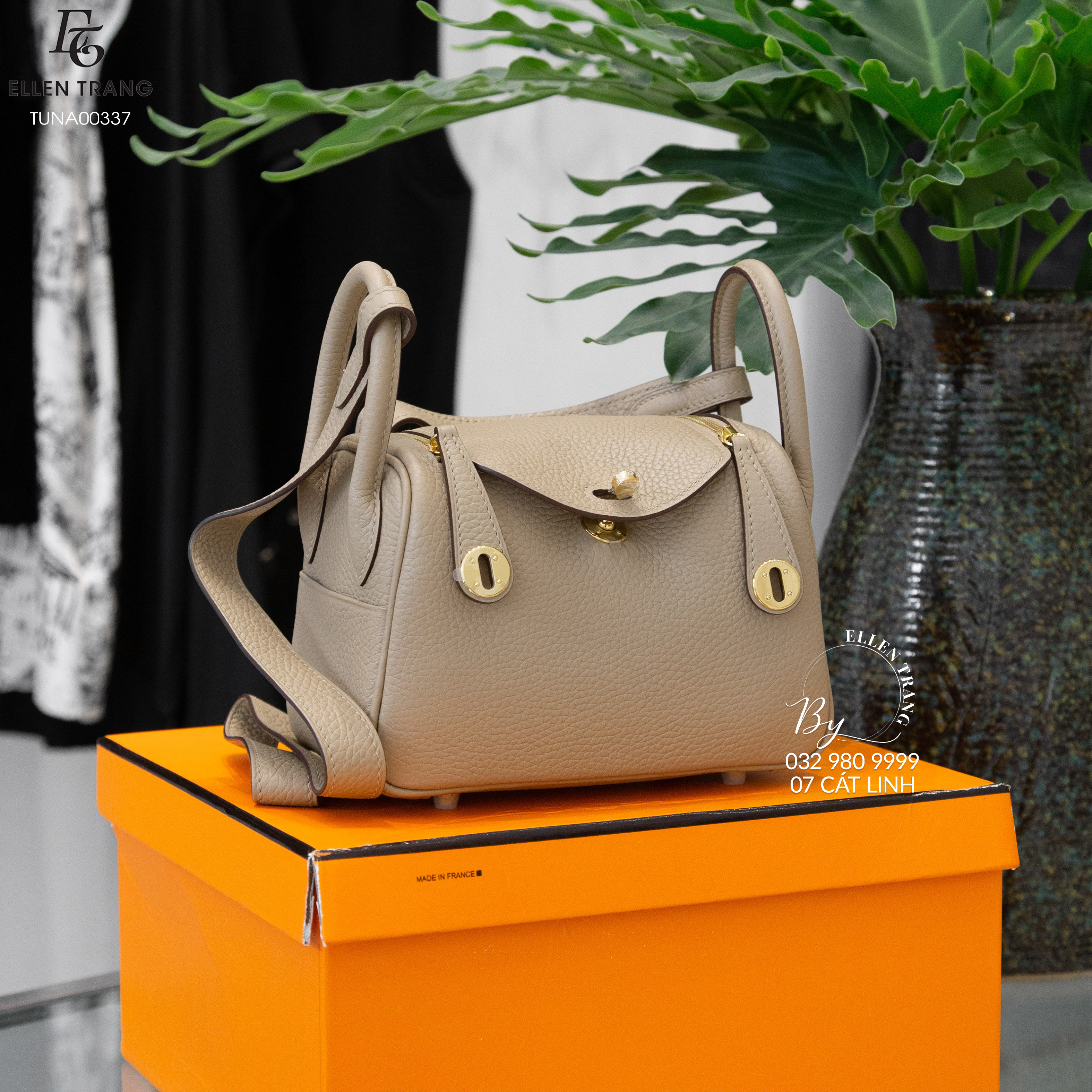 TÚI HỘP NÂU HERMES KHOÁ VÀNG 19x13x11