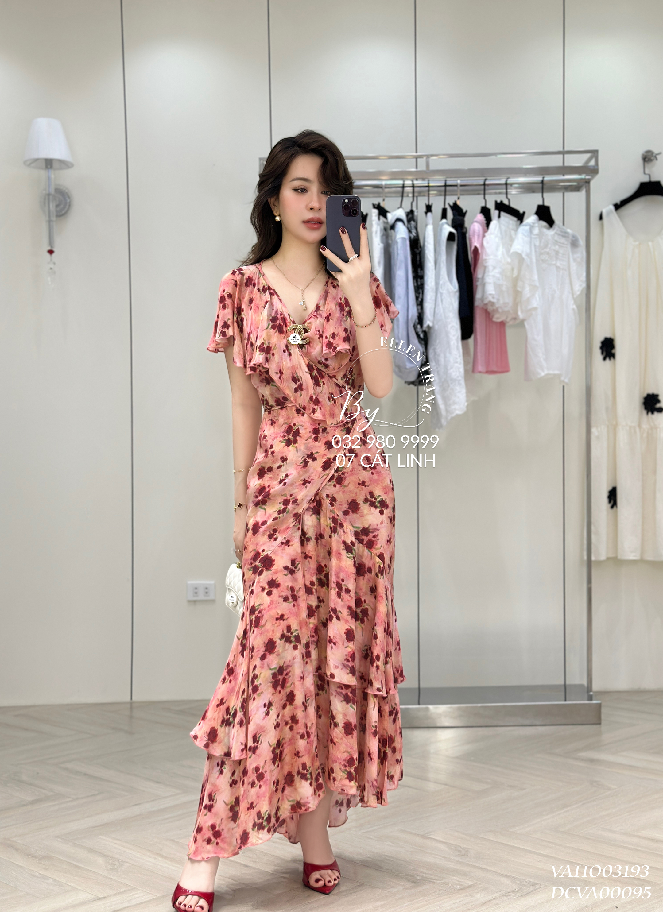 VÁY HOA HỒNG DÂY BUỘC EO
