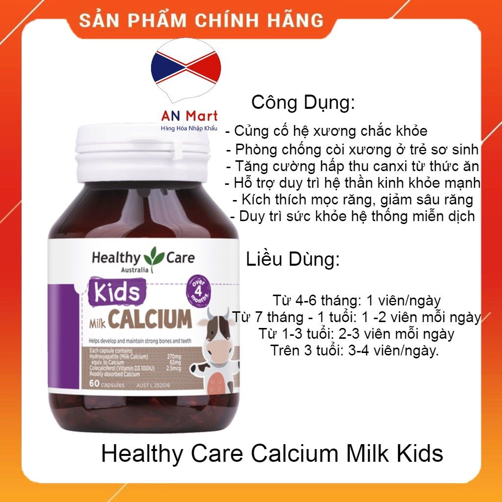 Canxi Sữa, Milk Calcium Healthy Care 60 Viên Úc. An Mart